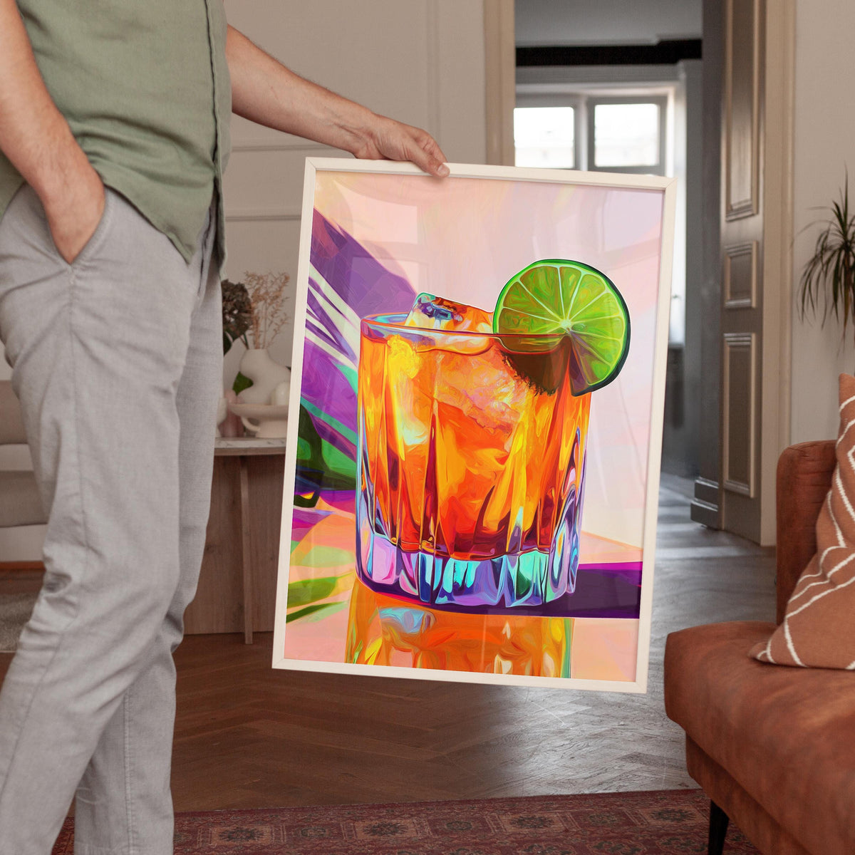 Lime Cocktail Art Print, Orange Drink Poster, Colorful Home Bar Decor