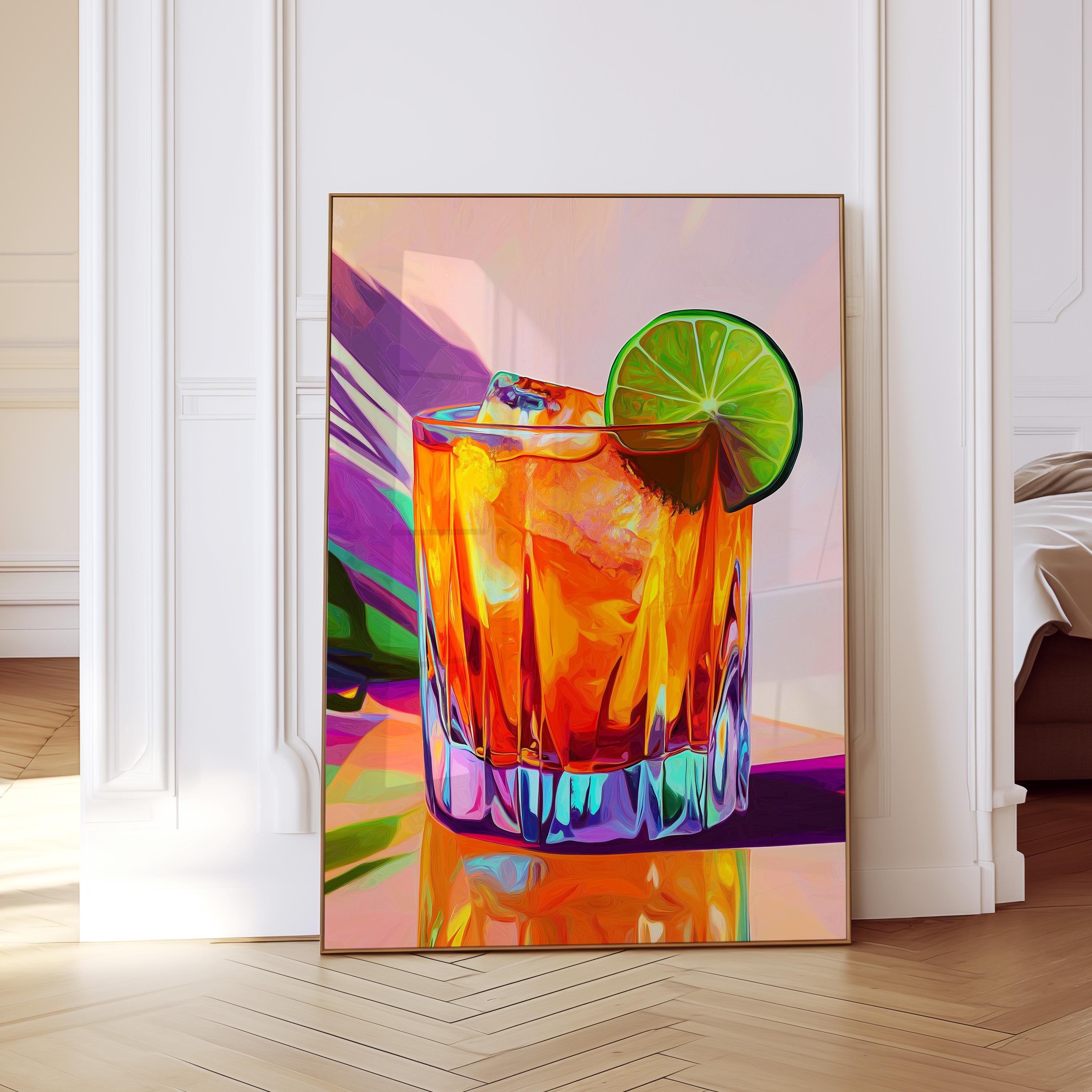 Lime Cocktail Art Print, Orange Drink Poster, Colorful Home Bar Decor