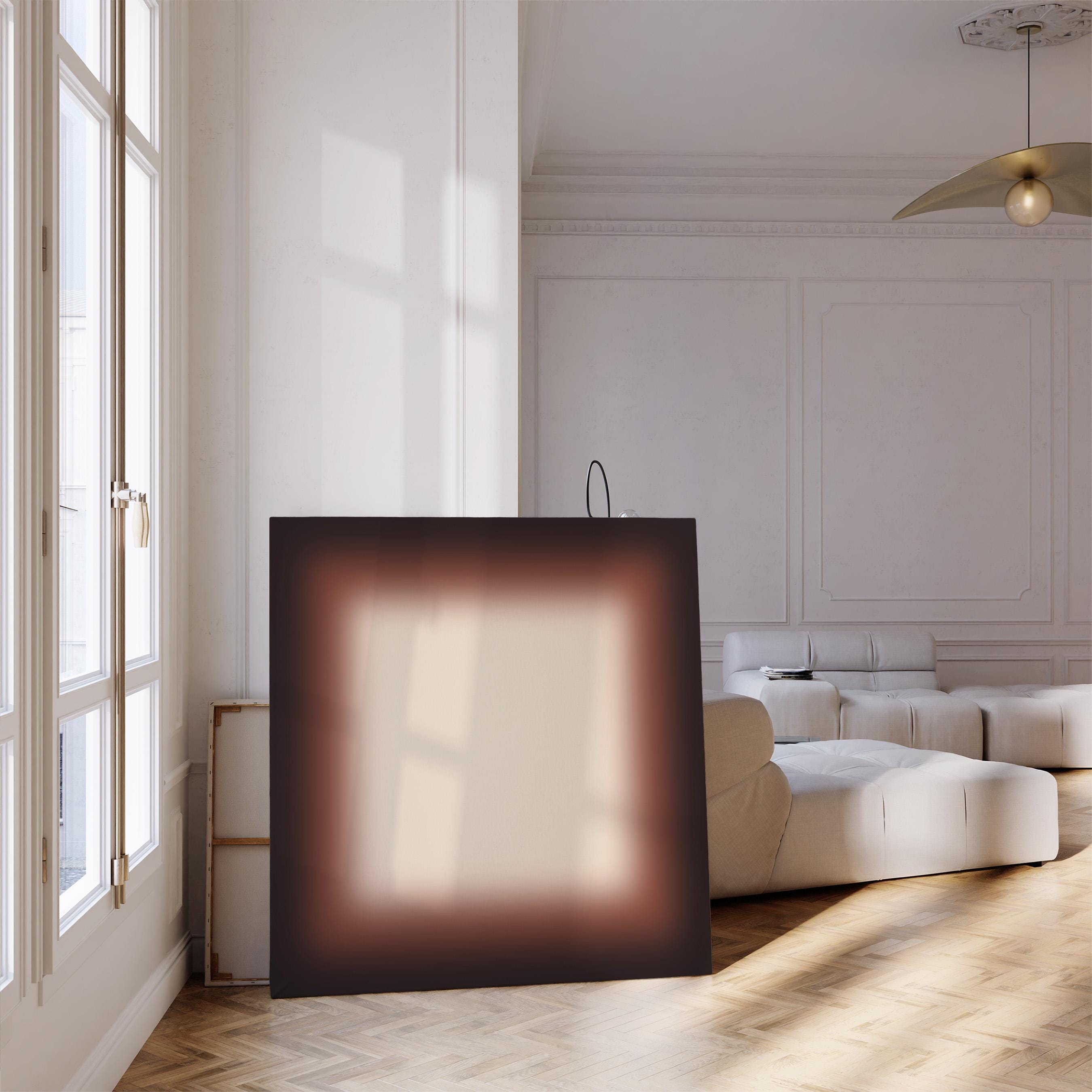 May include: A large, square canvas with a blurred, gradient design. The outer border is a deep brown, transitioning to a lighter, beige center. The artwork is displayed in a bright, modern room with a large window.
