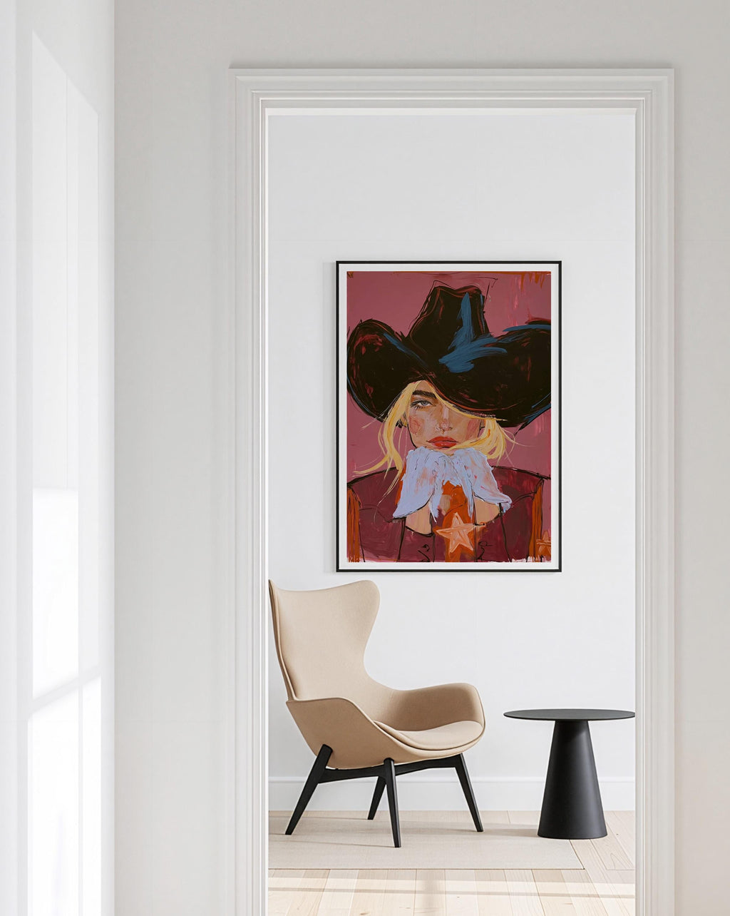 Black Hat Cowgirl Art Print, Pink Western Portrait, Cowgirl Wall Decor, Western home decor