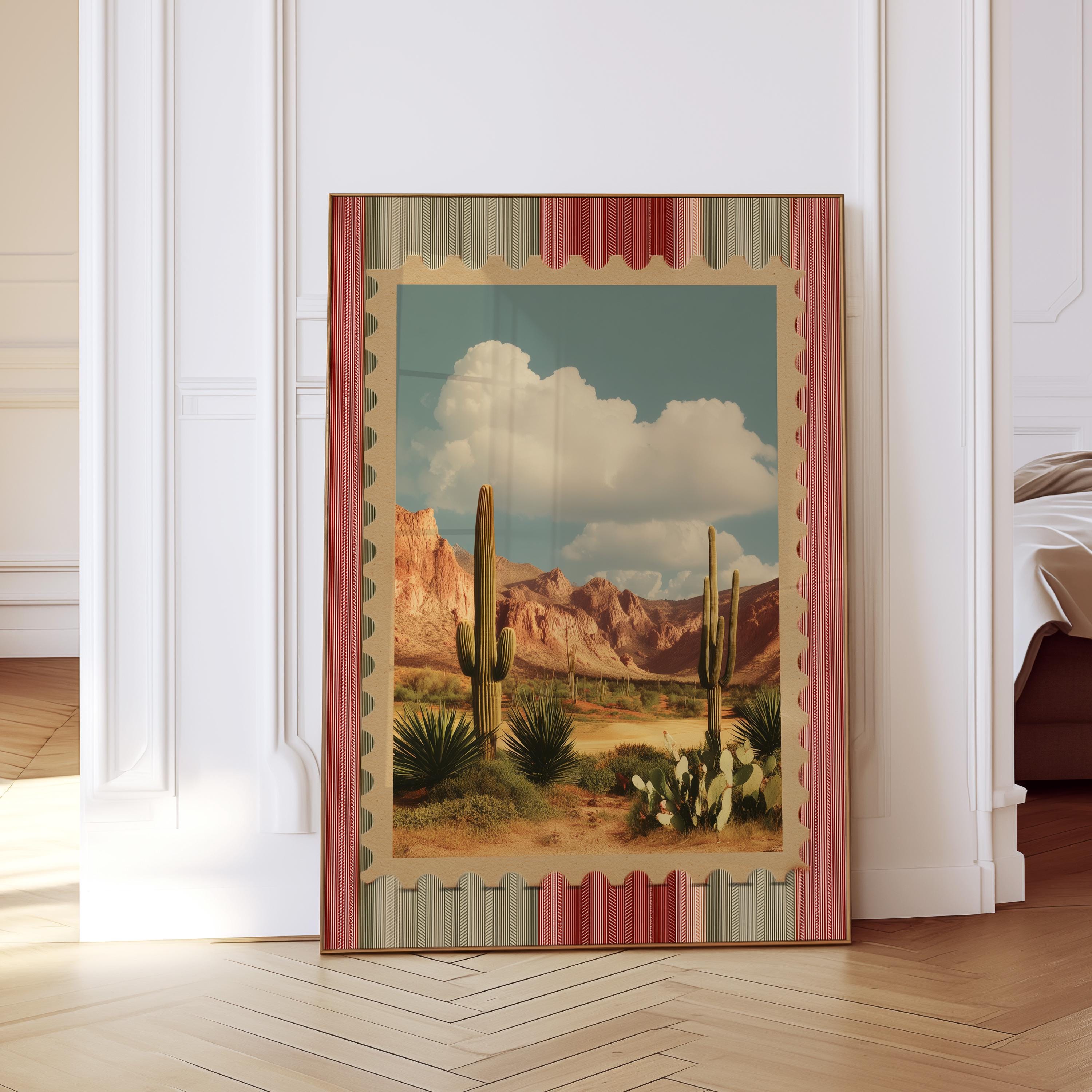 Desert Wall Art Print, Vintage Cactus Landscape, Southwestern Decor