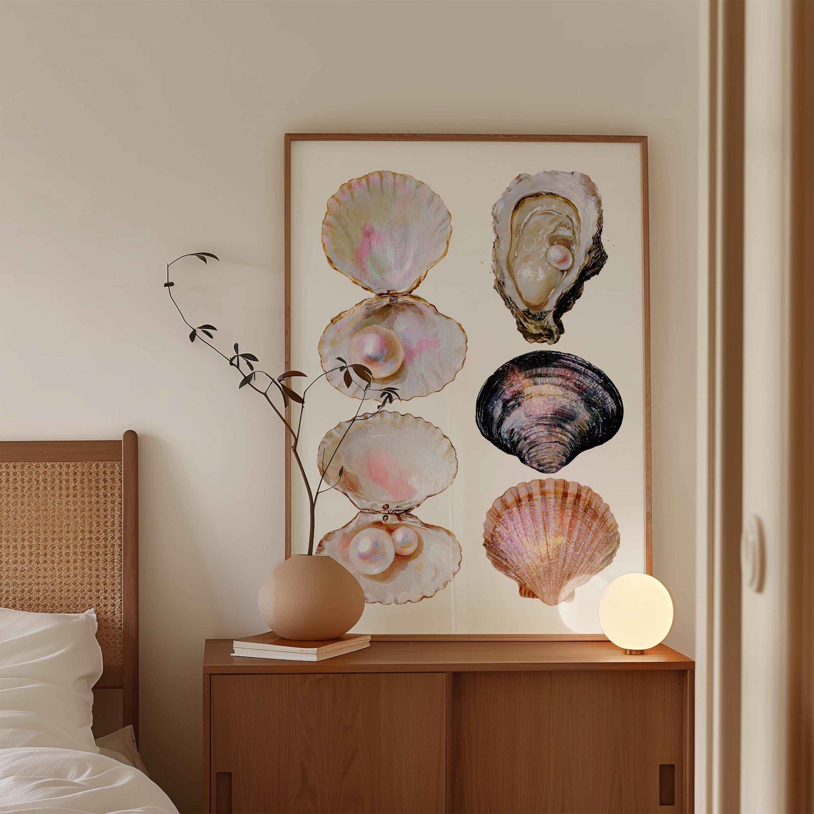 Seashell Wall Art Print, Oyster Pearl Poster, Coastal Beach Decor