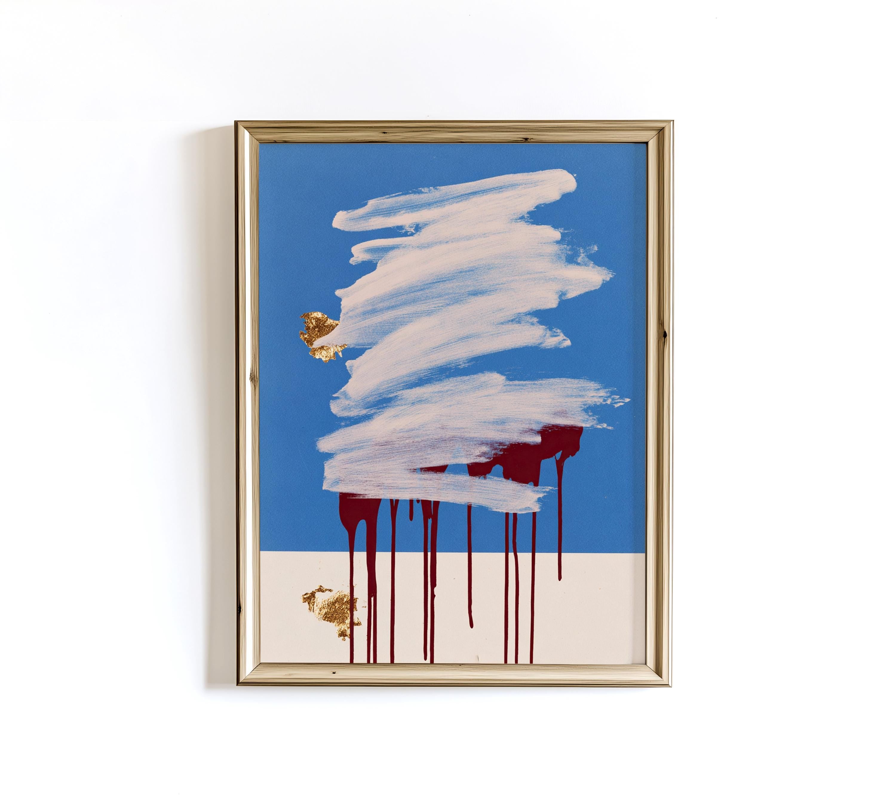 Blue Abstract Art Print, White Brush Stroke Red Drip Painting, Modern Gallery Decor