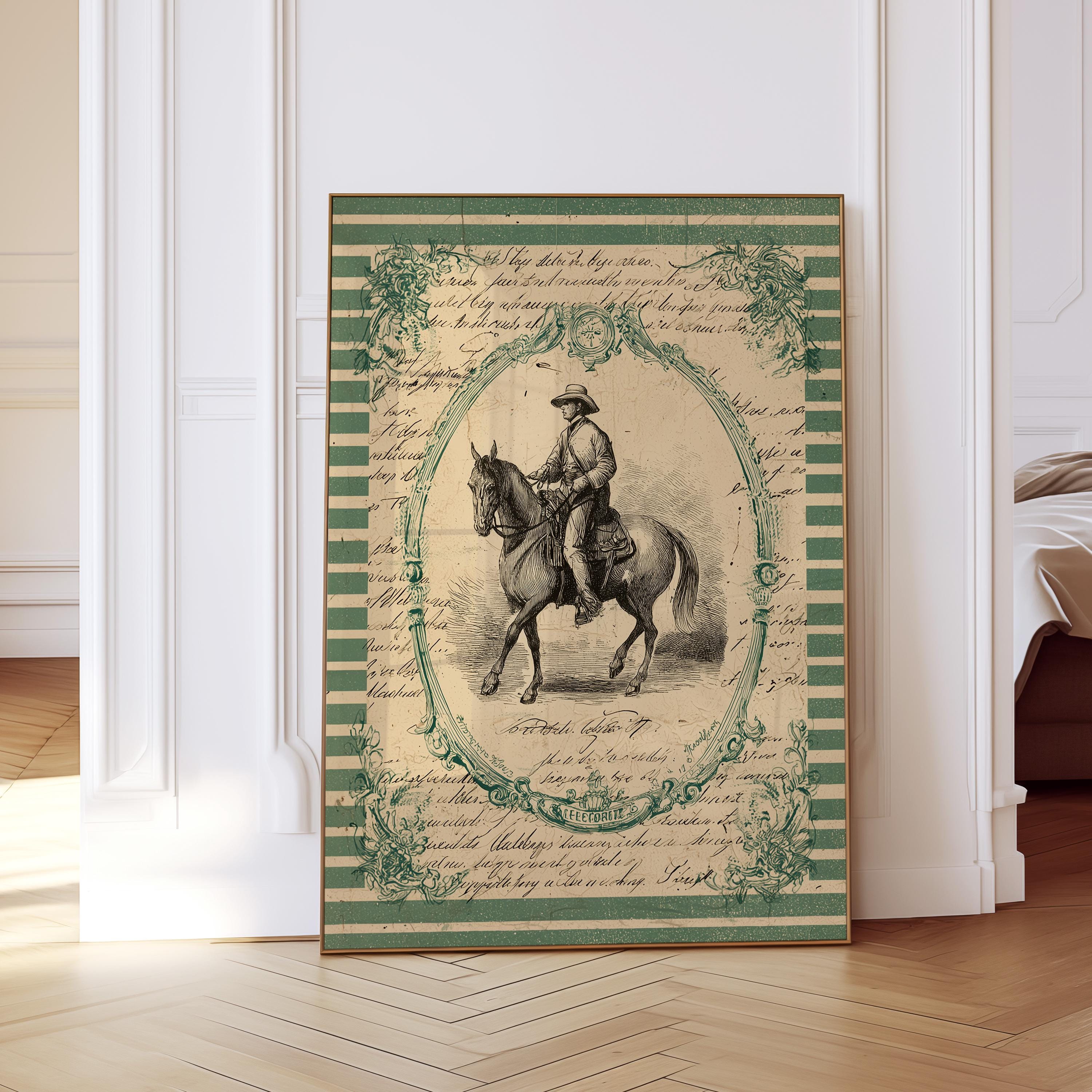 Vintage Western Art Print, Antique Cowboy Horse Poster, Sage Green Wall Decor