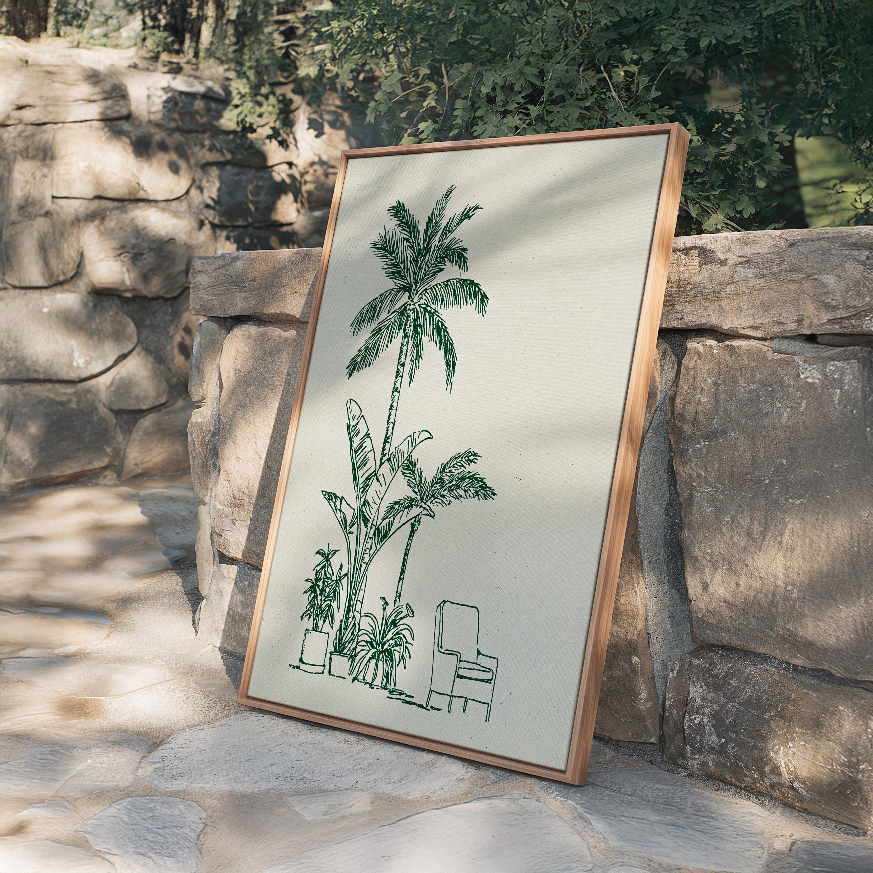 Palm Tree Wall Art Print, Minimal Botanical Line Art, Green Tropical Decor