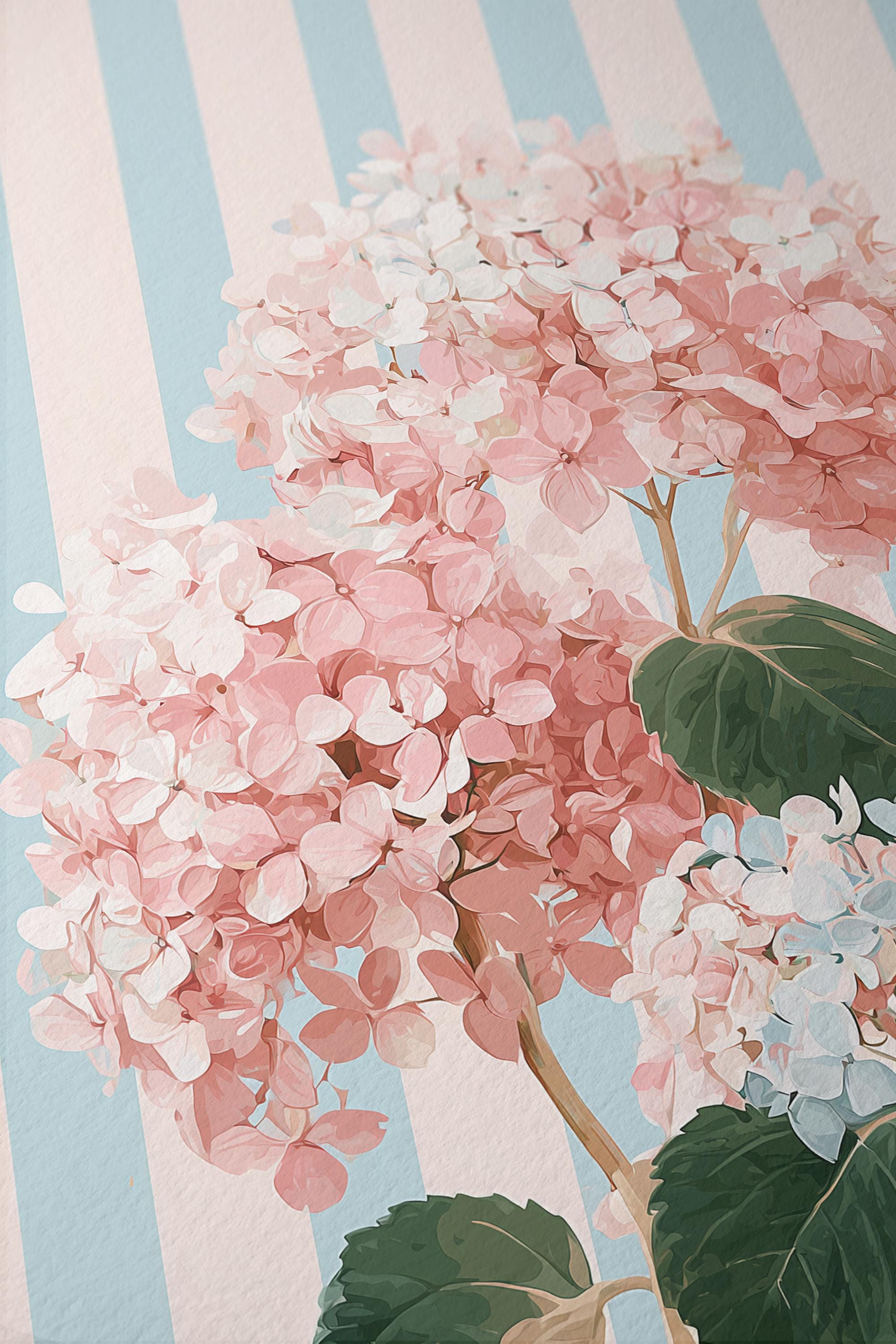 Pink Hydrangea Wall Art Print, Blue Stripe Floral Poster, Cottagecore Bedroom Decor, Vintage Botanical Digital Download