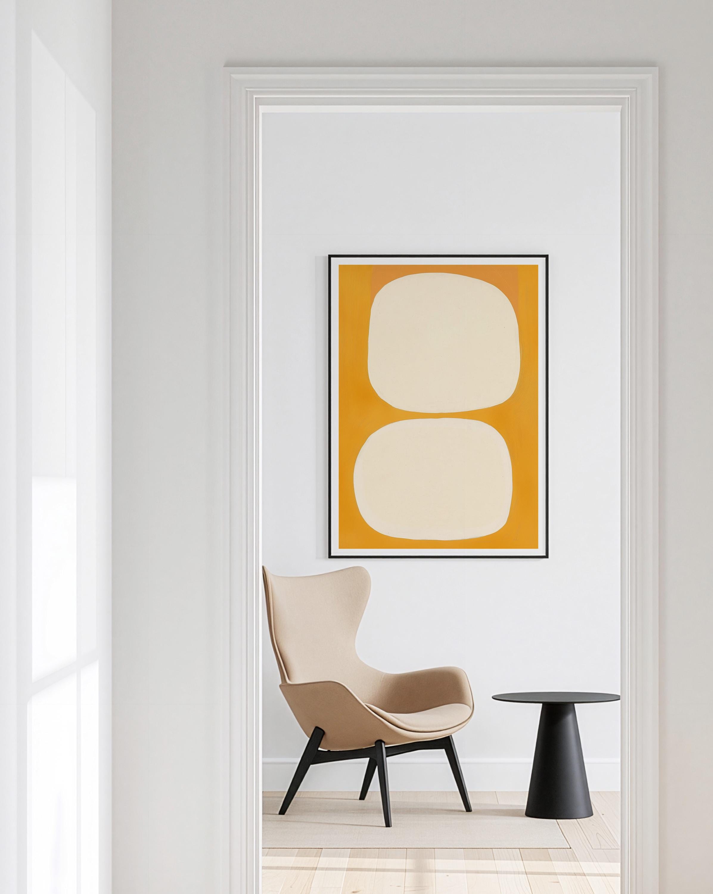 Mid Century Abstract Print, Warm Yellow Organic Shapes, Scandinavian Wall Decor