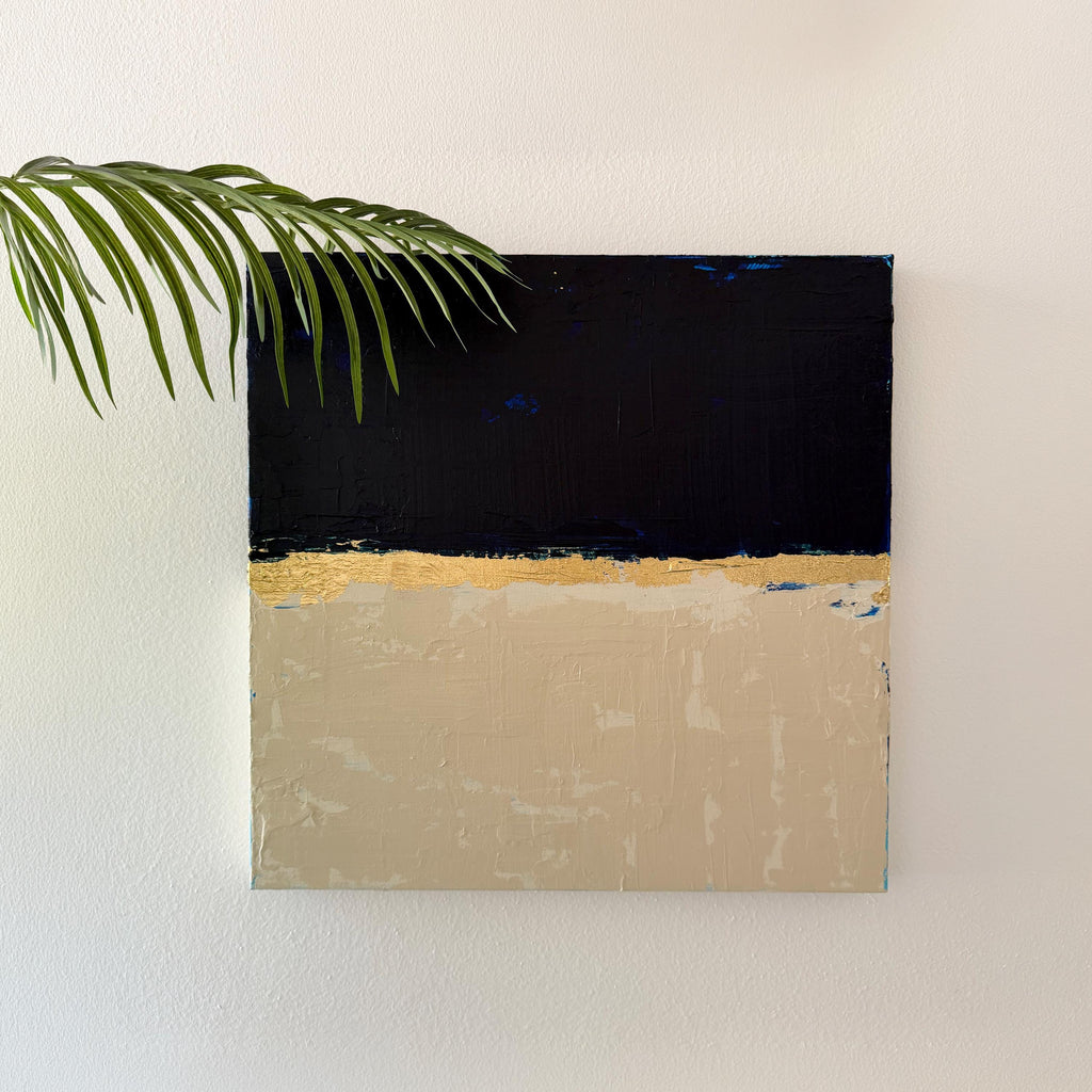 Original Acrylic Painting, Navy Blue Cream Abstract Canvas Art, Gold Leaf Wall Art, Minimalist Modern Painting