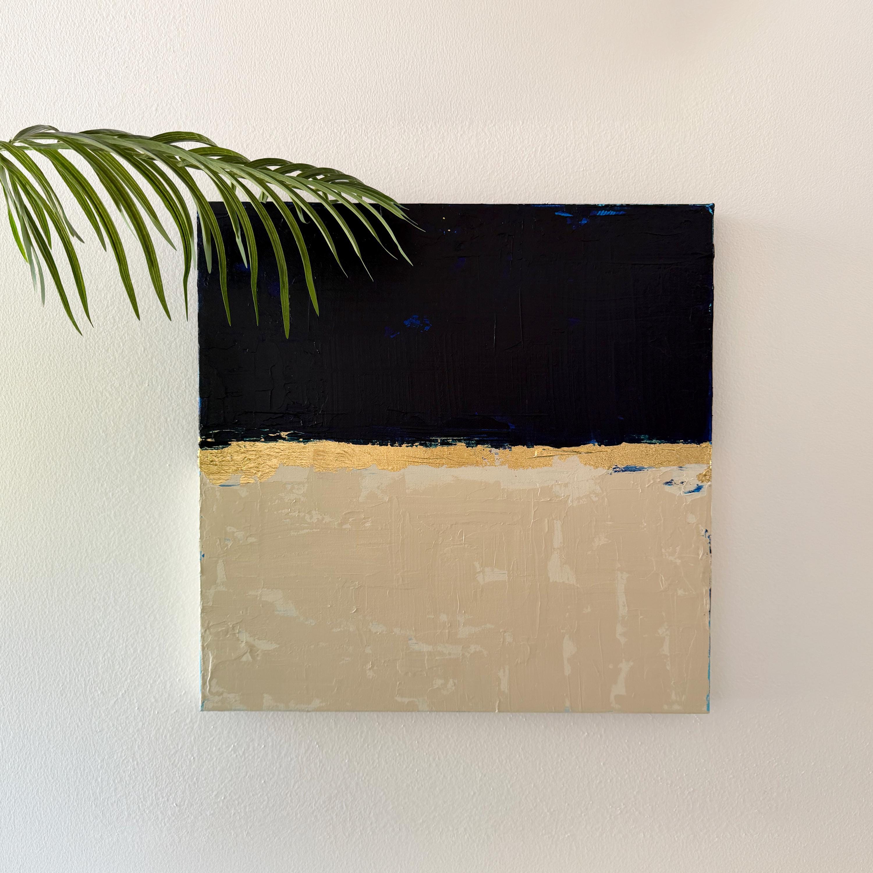 Original Acrylic Painting, Navy Blue Cream Abstract Canvas Art, Gold Leaf Wall Art, Minimalist Modern Painting