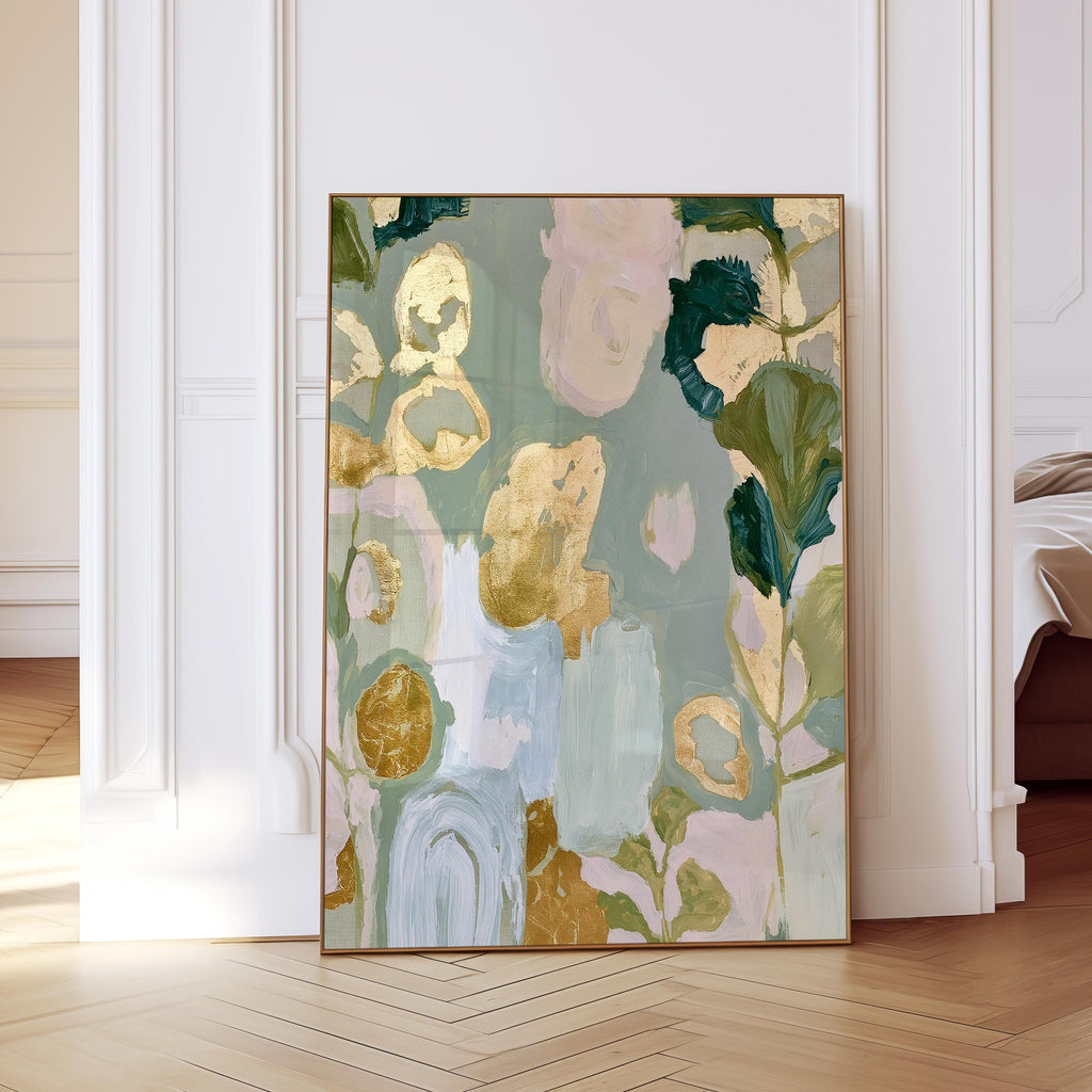 Sage Green Floral Art Print, Gold Abstract Botanical Painting, Soft Wall Decor