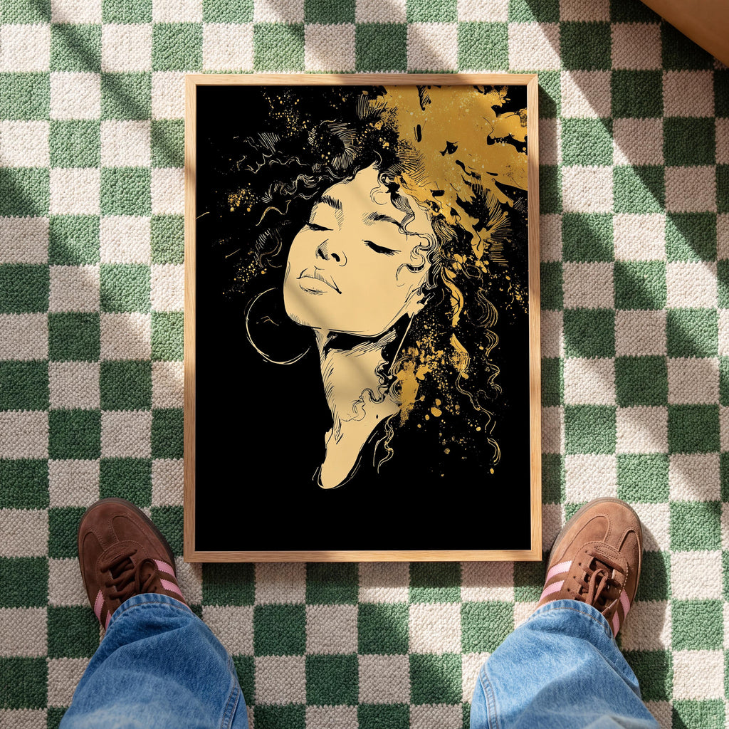 Black Gold Art Print, Woman Portrait Wall Art, Modern Afrocentric Decor