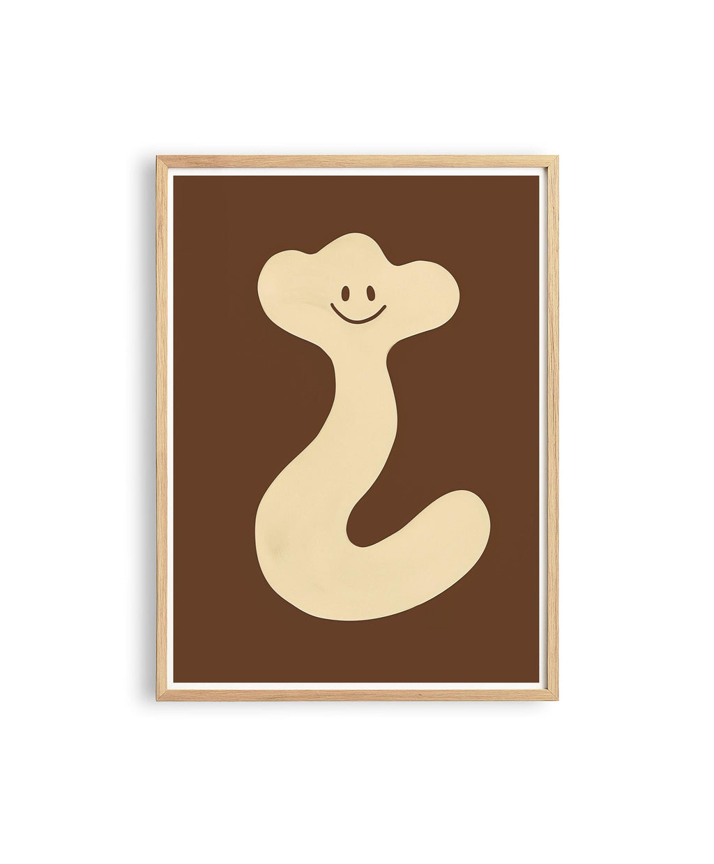 Abstract Character Smile Print, Neutral Brown Playful Wall Art