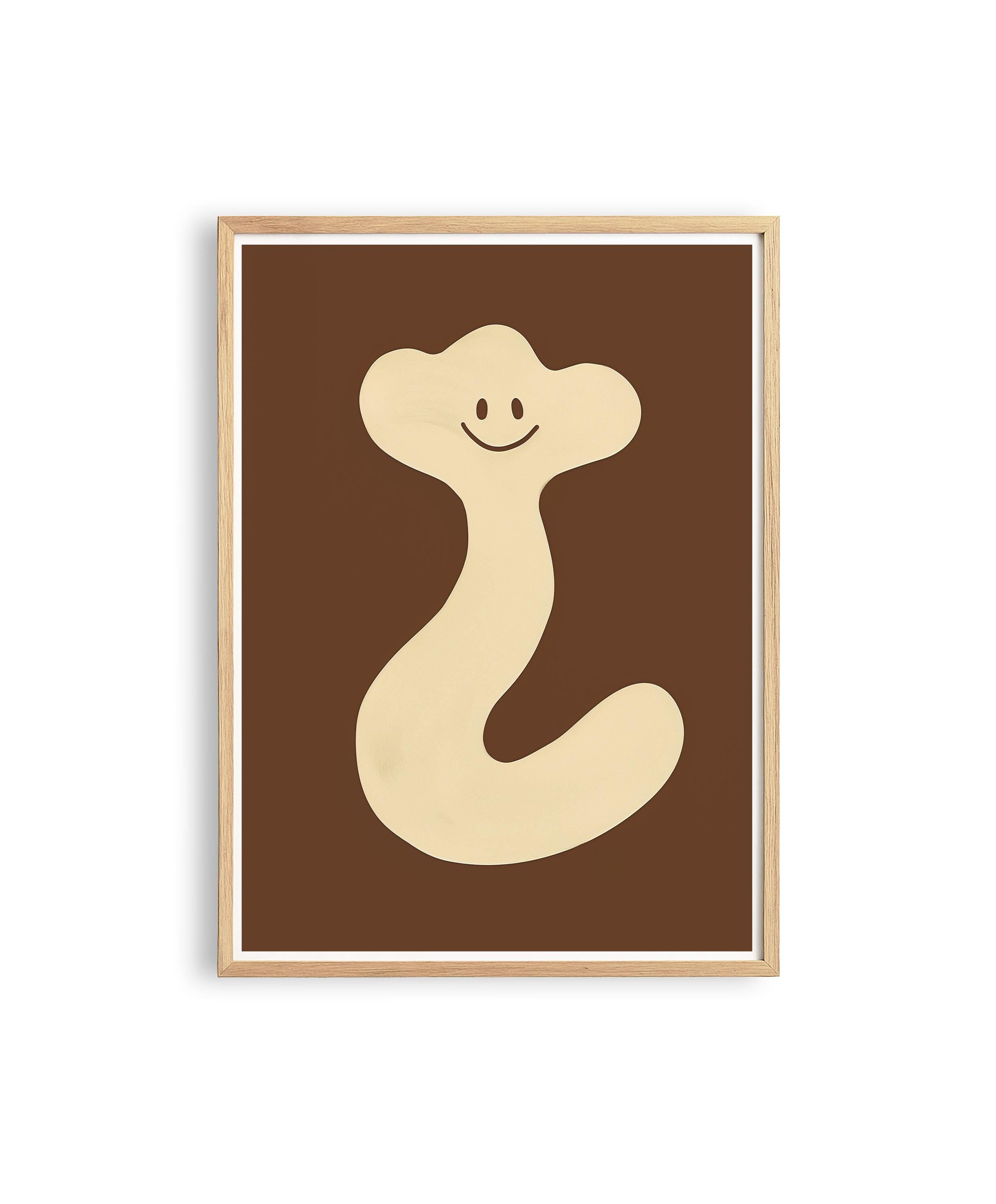 Abstract Character Smile Print, Neutral Brown Playful Wall Art