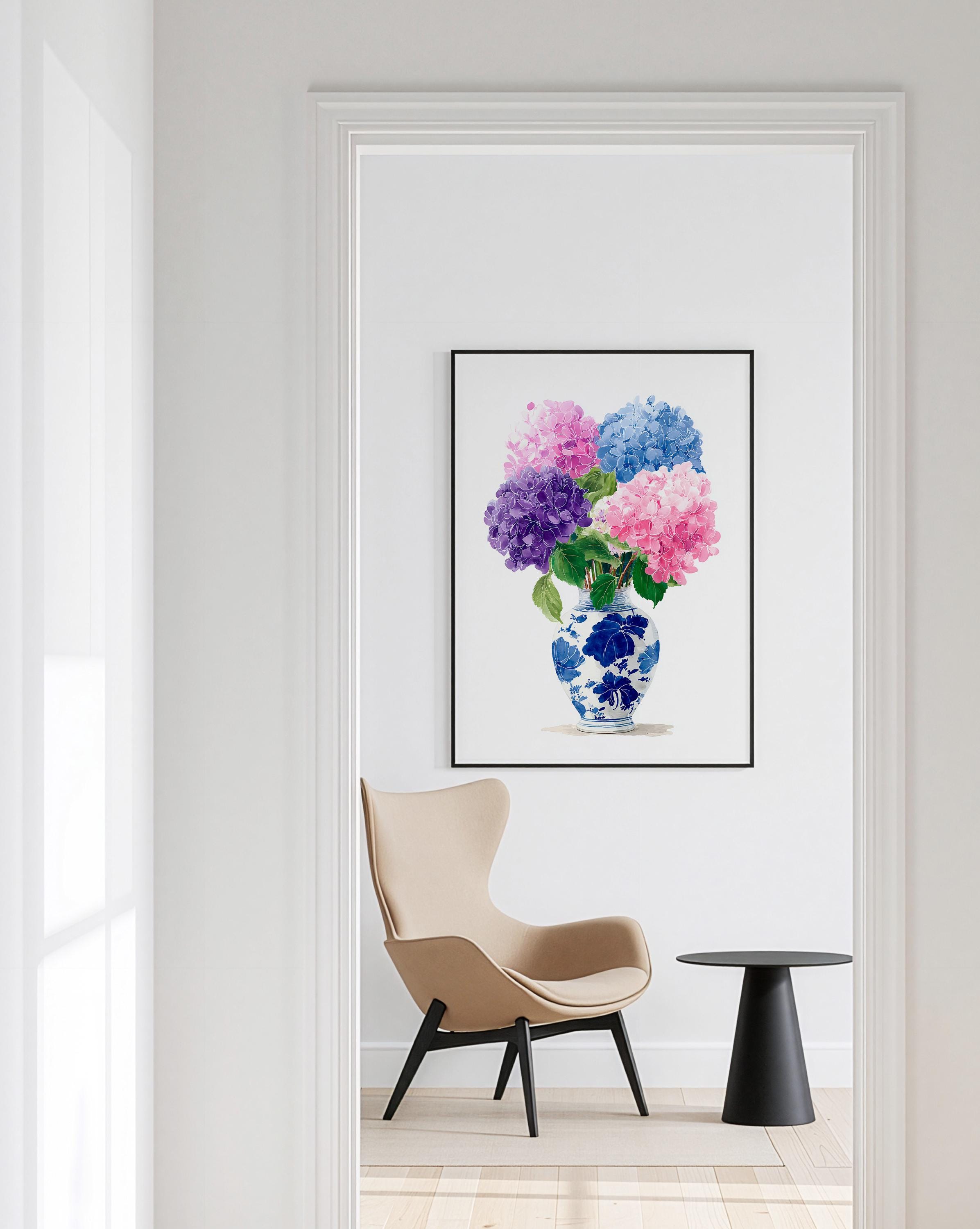 Hydrangea Watercolor Art, Delicate Floral Print for Bathroom or Bedroom