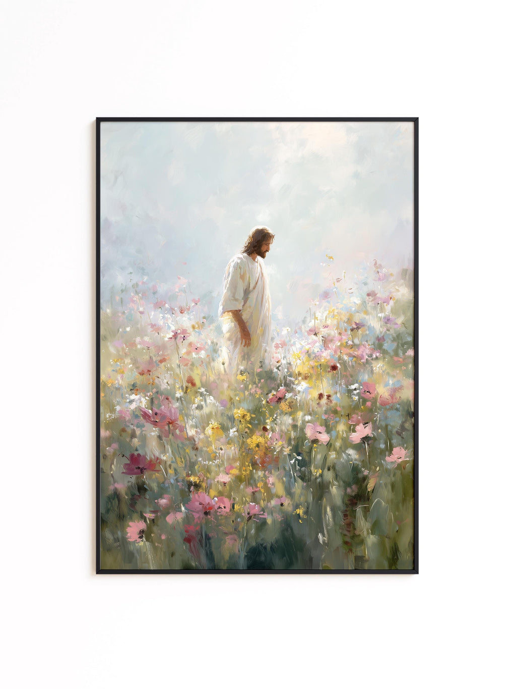Jesus in Wildflower Field Print, Christian Wall Art, Faith Inspired Floral Painting, Bible Decor Printable Wall Art