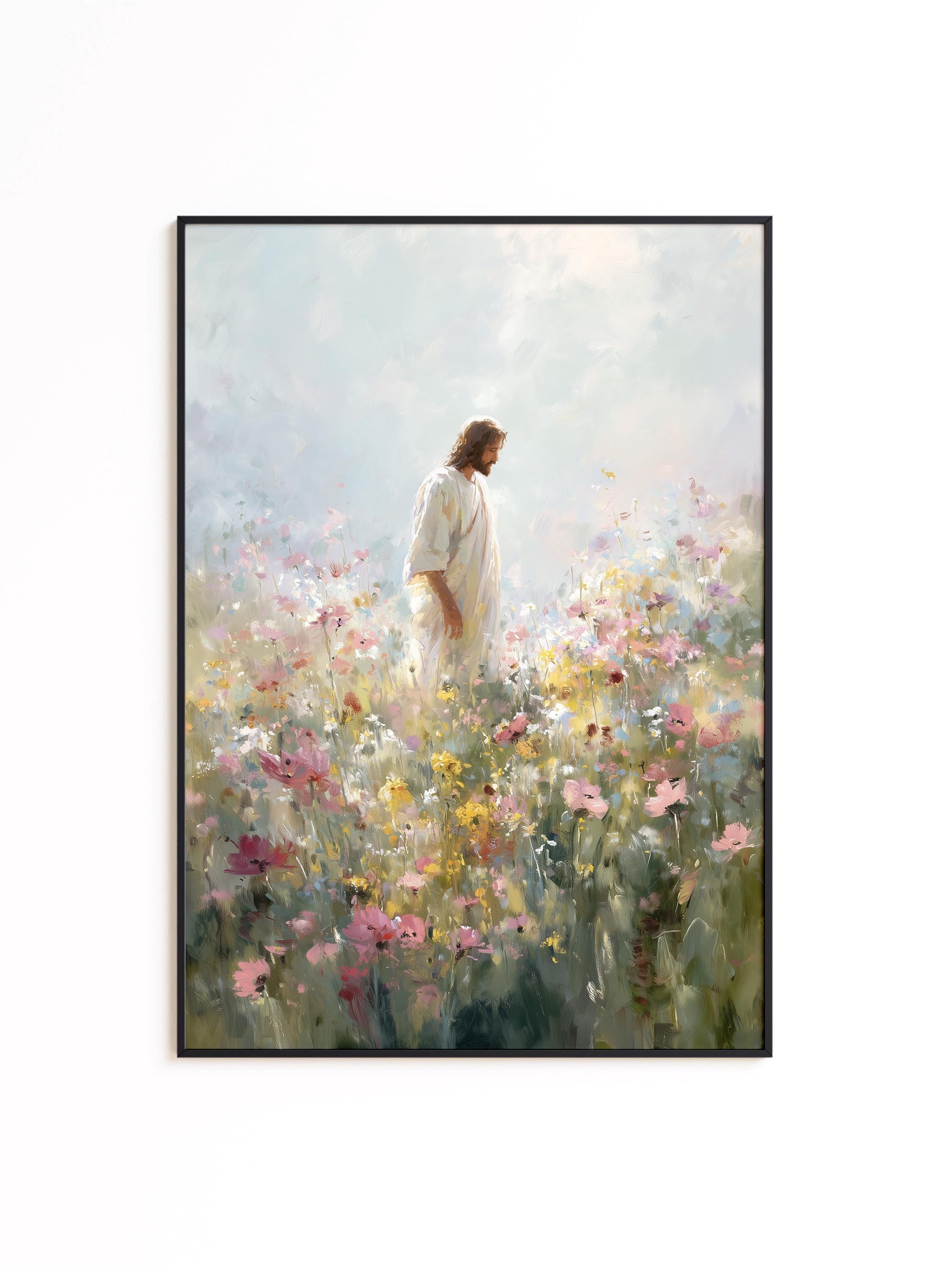 Jesus in Wildflower Field Print, Christian Wall Art, Faith Inspired Floral Painting, Bible Decor Printable Wall Art