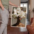 Black Woman Art Print, White Floral Portrait Poster, Elegant Wall Decor