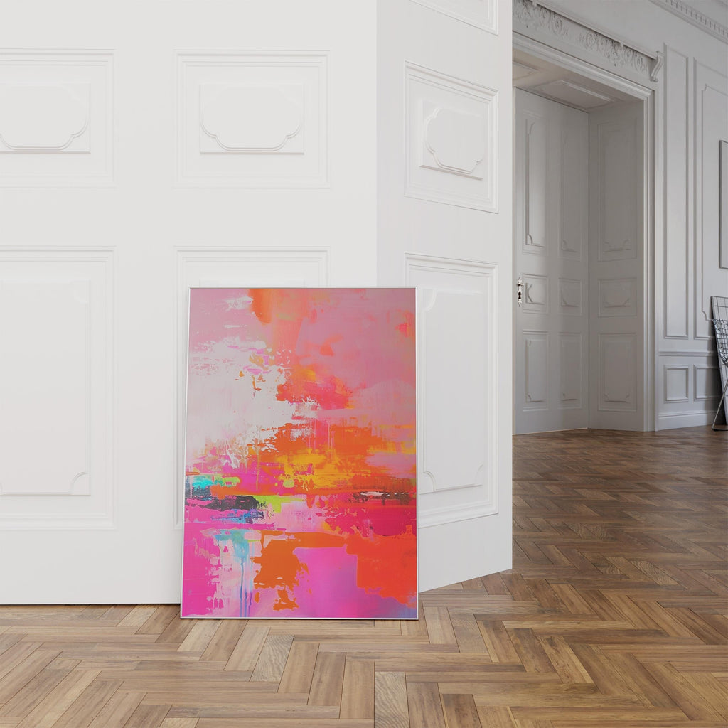 Radiant Horizon Abstract Painting, Pink Orange Sunset Canvas, Bold Energetic Print