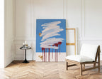 Blue Abstract Art Print, White Brush Stroke Red Drip Painting, Modern Gallery Decor