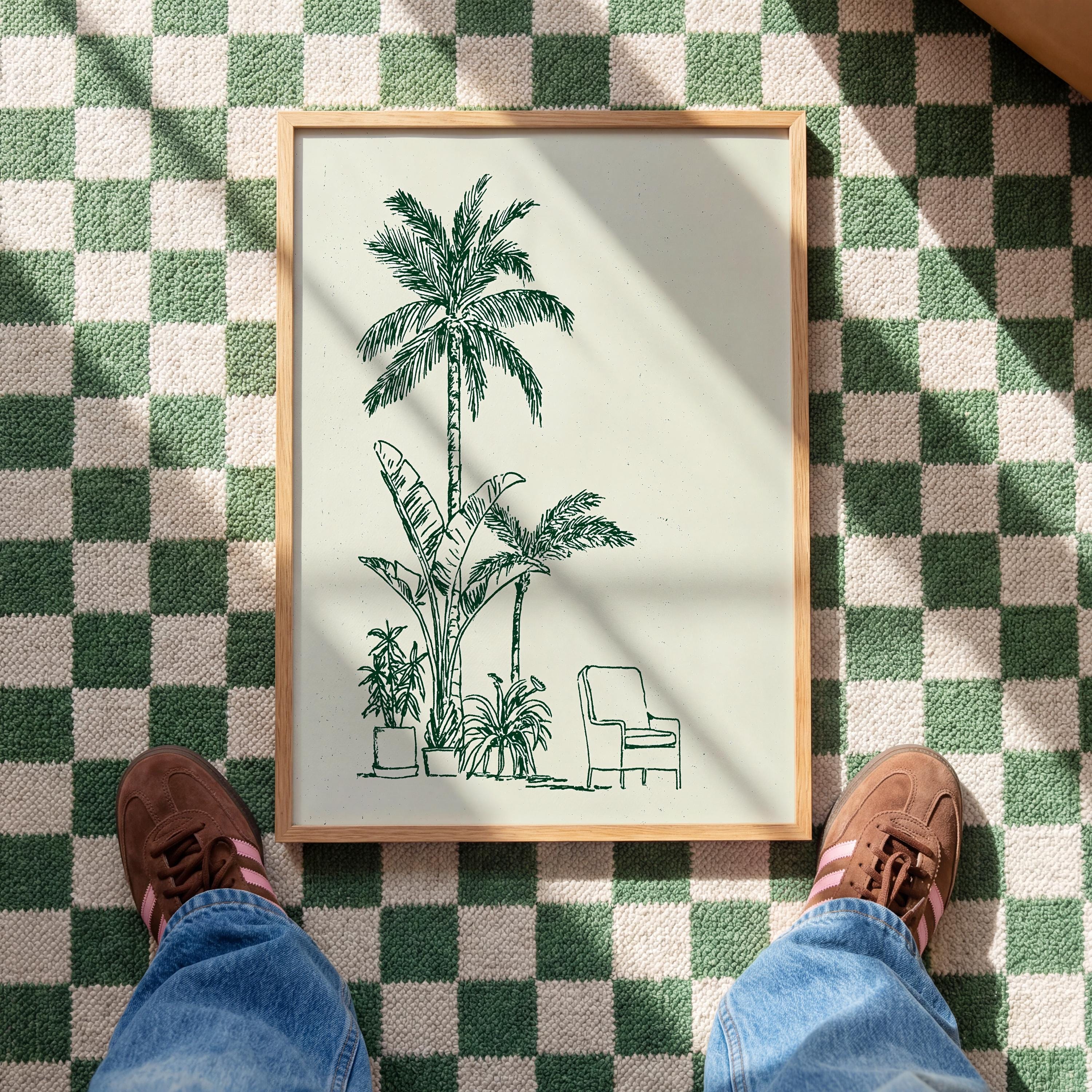 Palm Tree Wall Art Print, Minimal Botanical Line Art, Green Tropical Decor