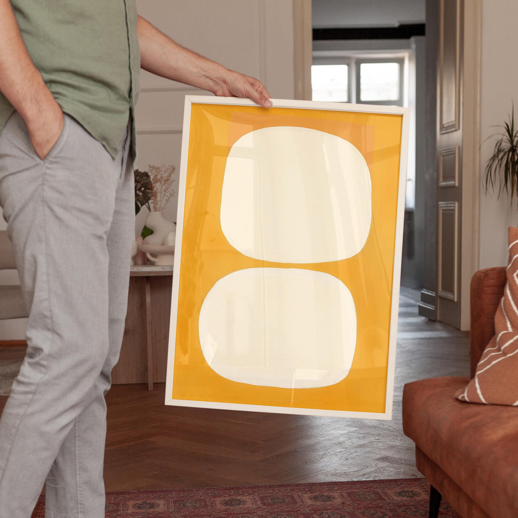 Mid Century Abstract Print, Warm Yellow Organic Shapes, Scandinavian Wall Decor