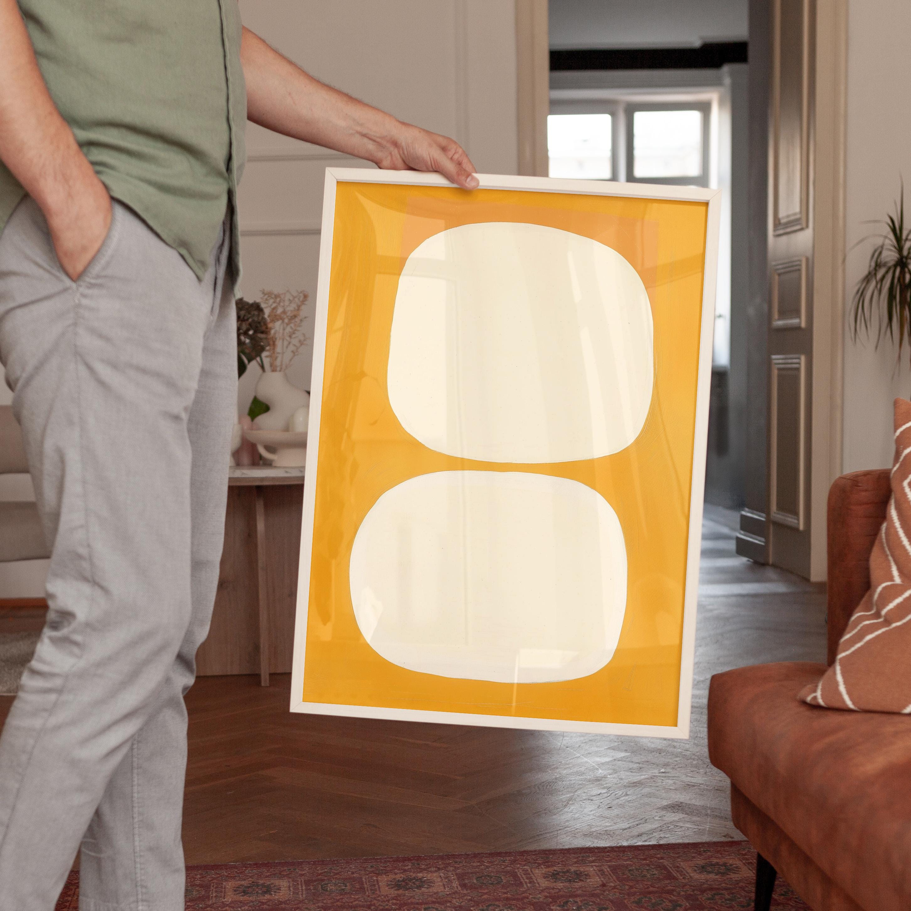 Mid Century Abstract Print, Warm Yellow Organic Shapes, Scandinavian Wall Decor