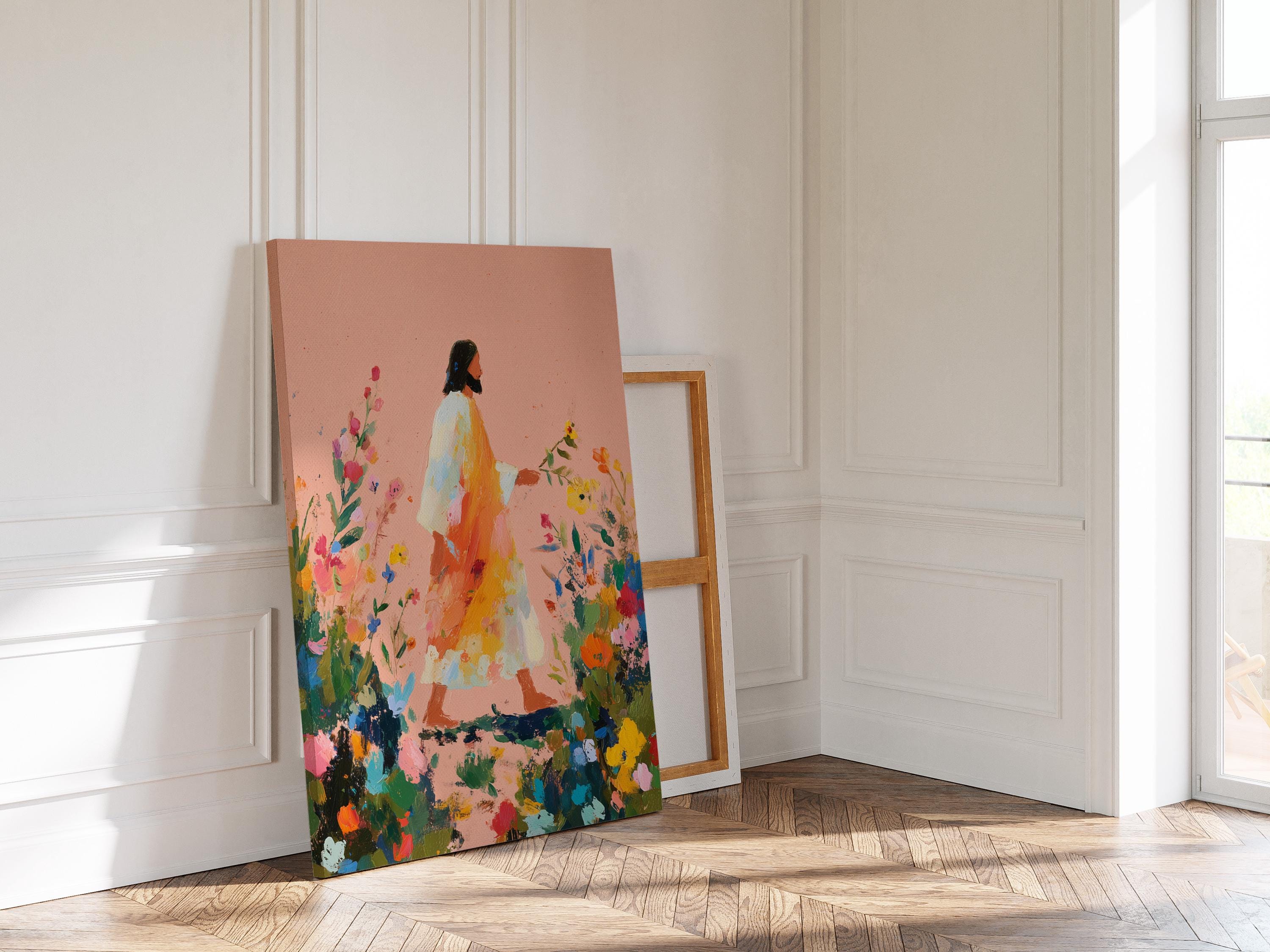 Jesus Walking Through Flowers Print, Christian Wall Art, Faith Inspired Floral Painting, Bible Decor Printable Wall Art
