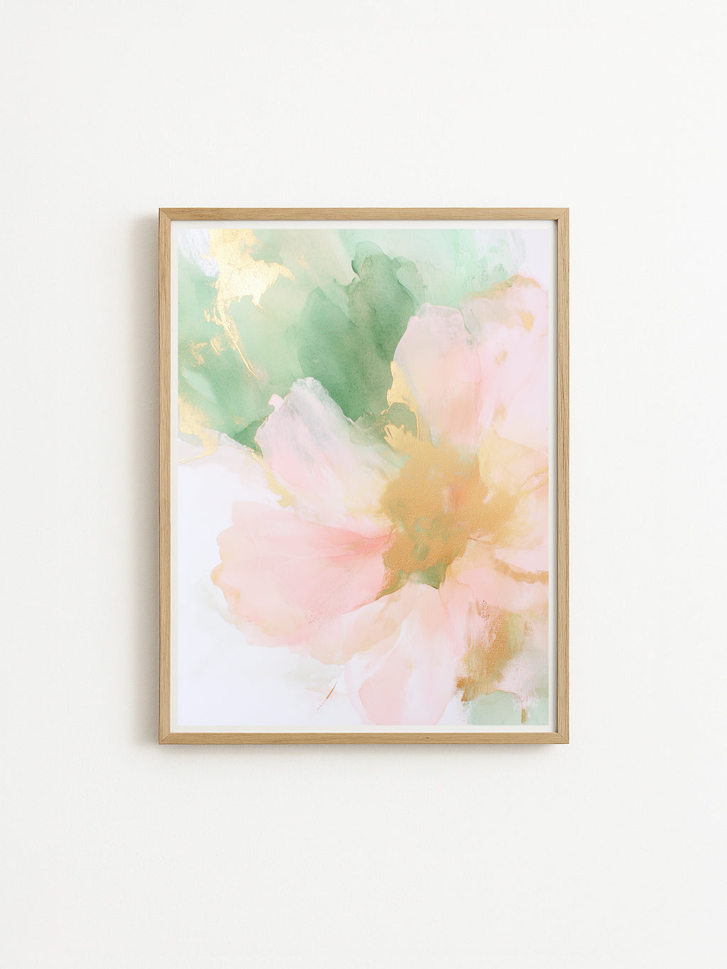 Abstract floral art print in pastel green, peach, and gold tones with delicate watercolor texture and modern minimalist design.