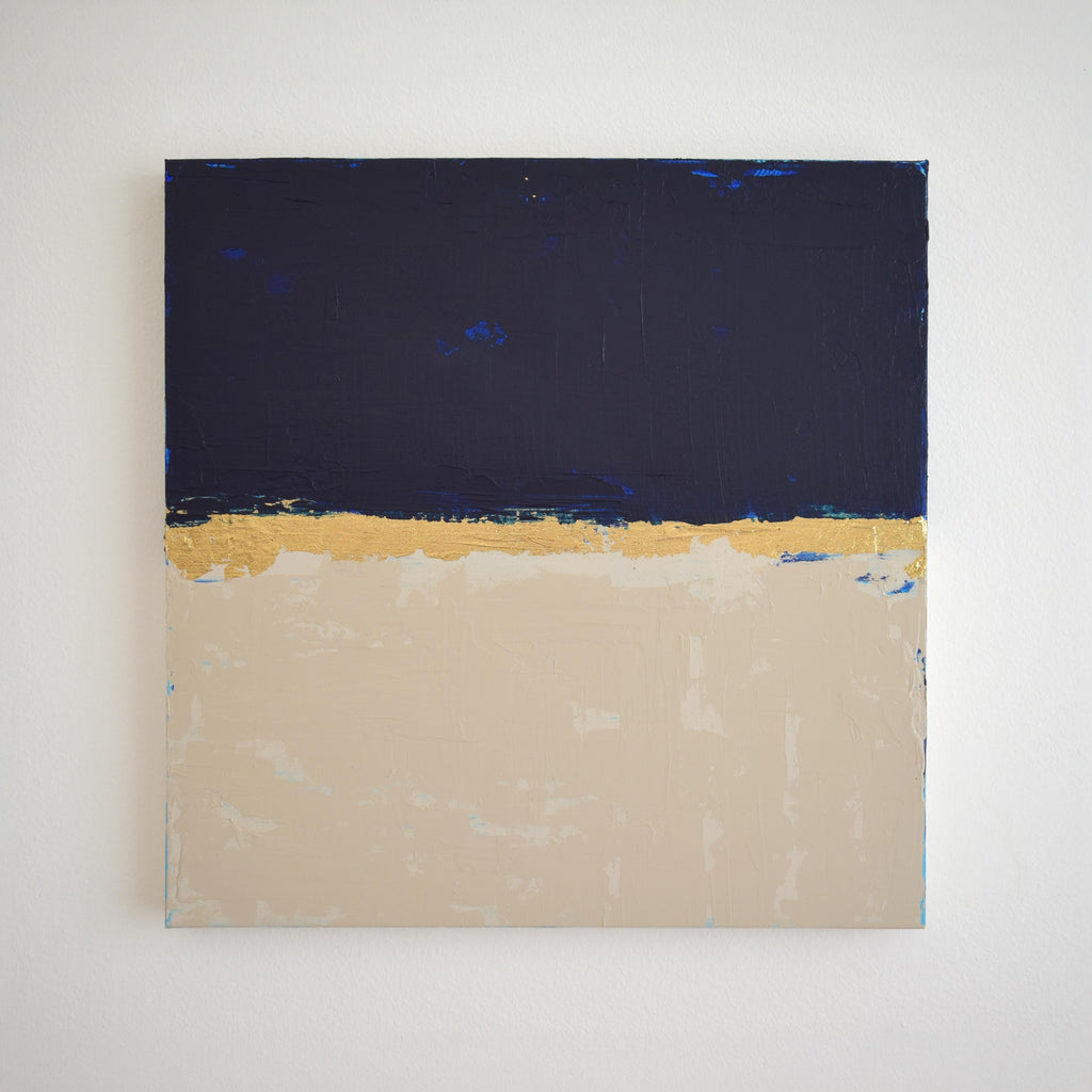 Original Acrylic Painting, Navy Blue Cream Abstract Canvas Art, Gold Leaf Wall Art, Minimalist Modern Painting