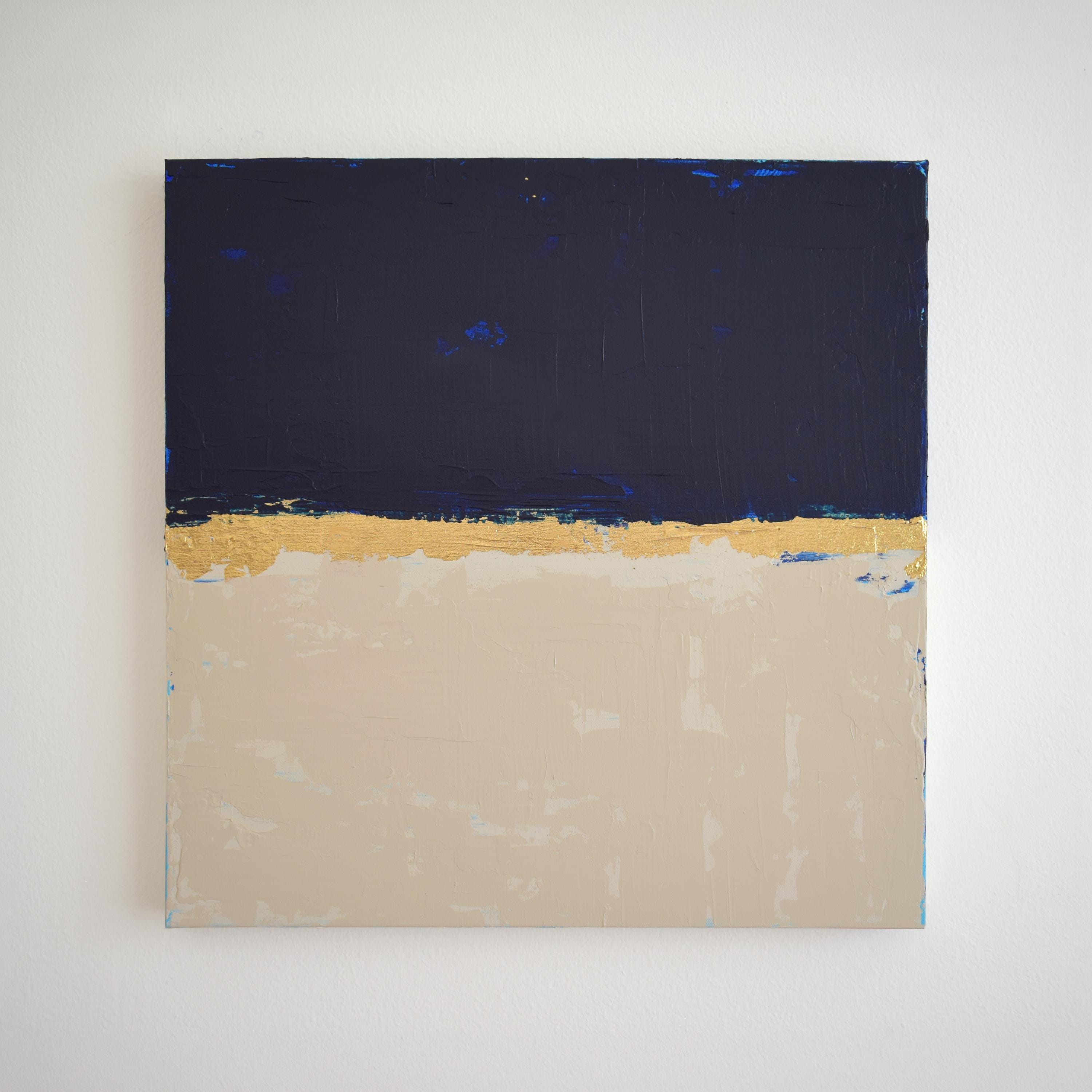 Original Acrylic Painting, Navy Blue Cream Abstract Canvas Art, Gold Leaf Wall Art, Minimalist Modern Painting