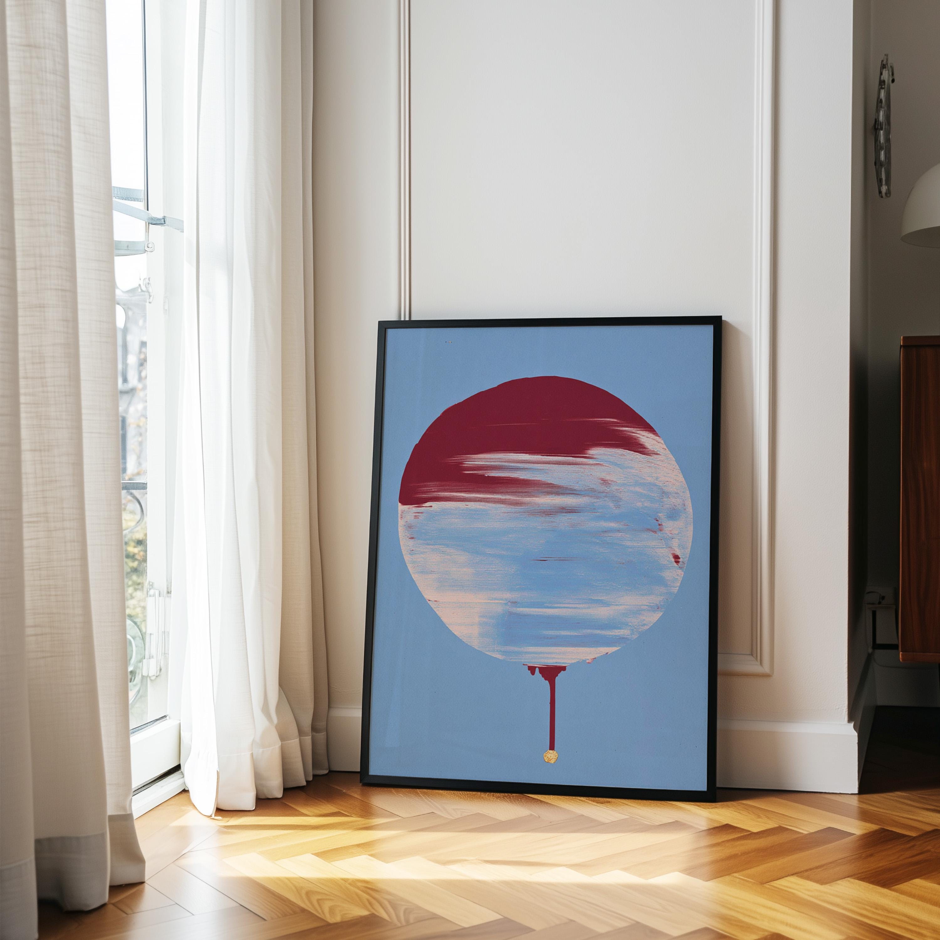 Crimson Circle Abstract Print, Blue Drip Painting Poster, Modern Geometric Canvas Decor
