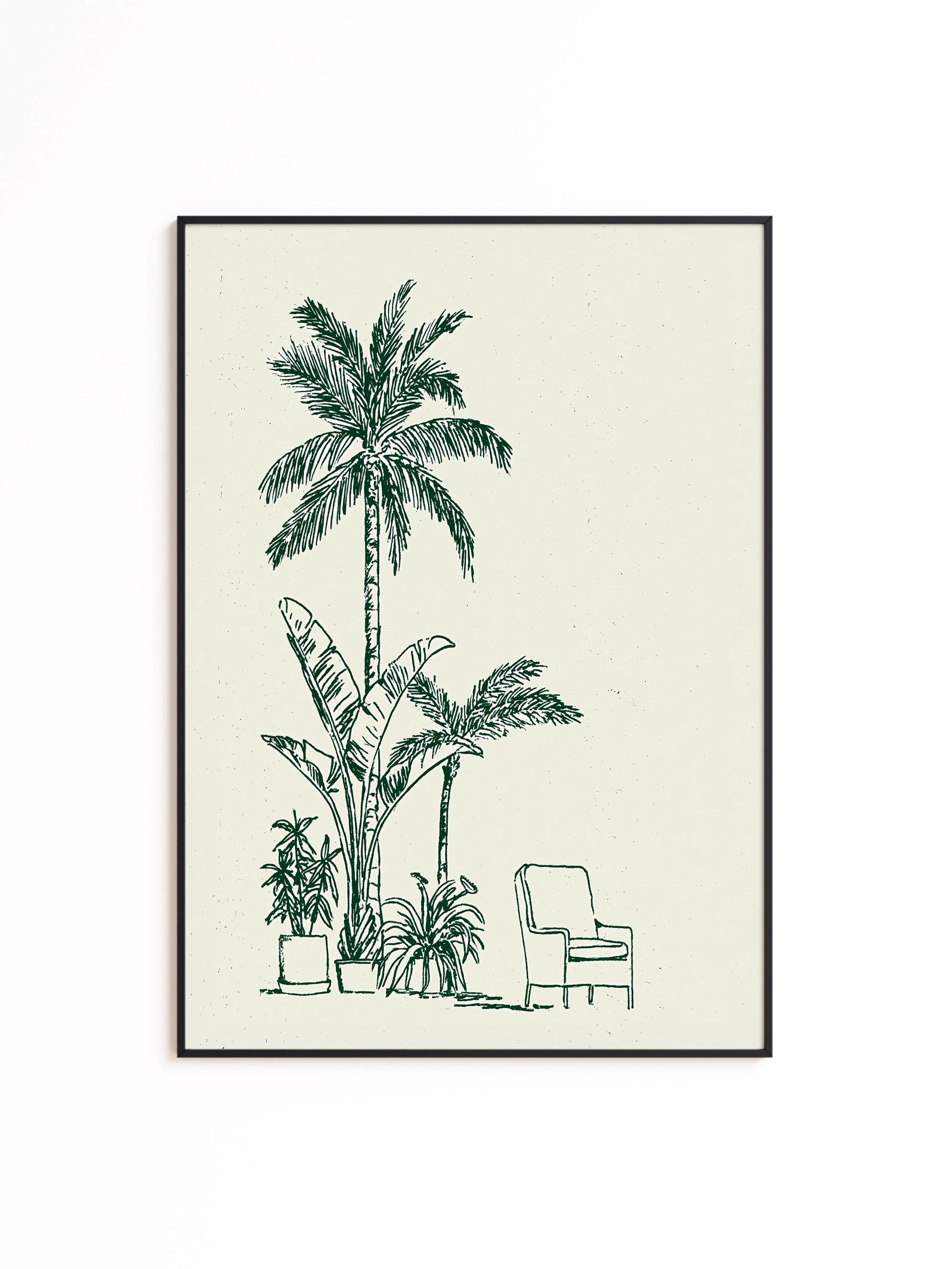 Palm Tree Wall Art Print, Minimal Botanical Line Art, Green Tropical Decor