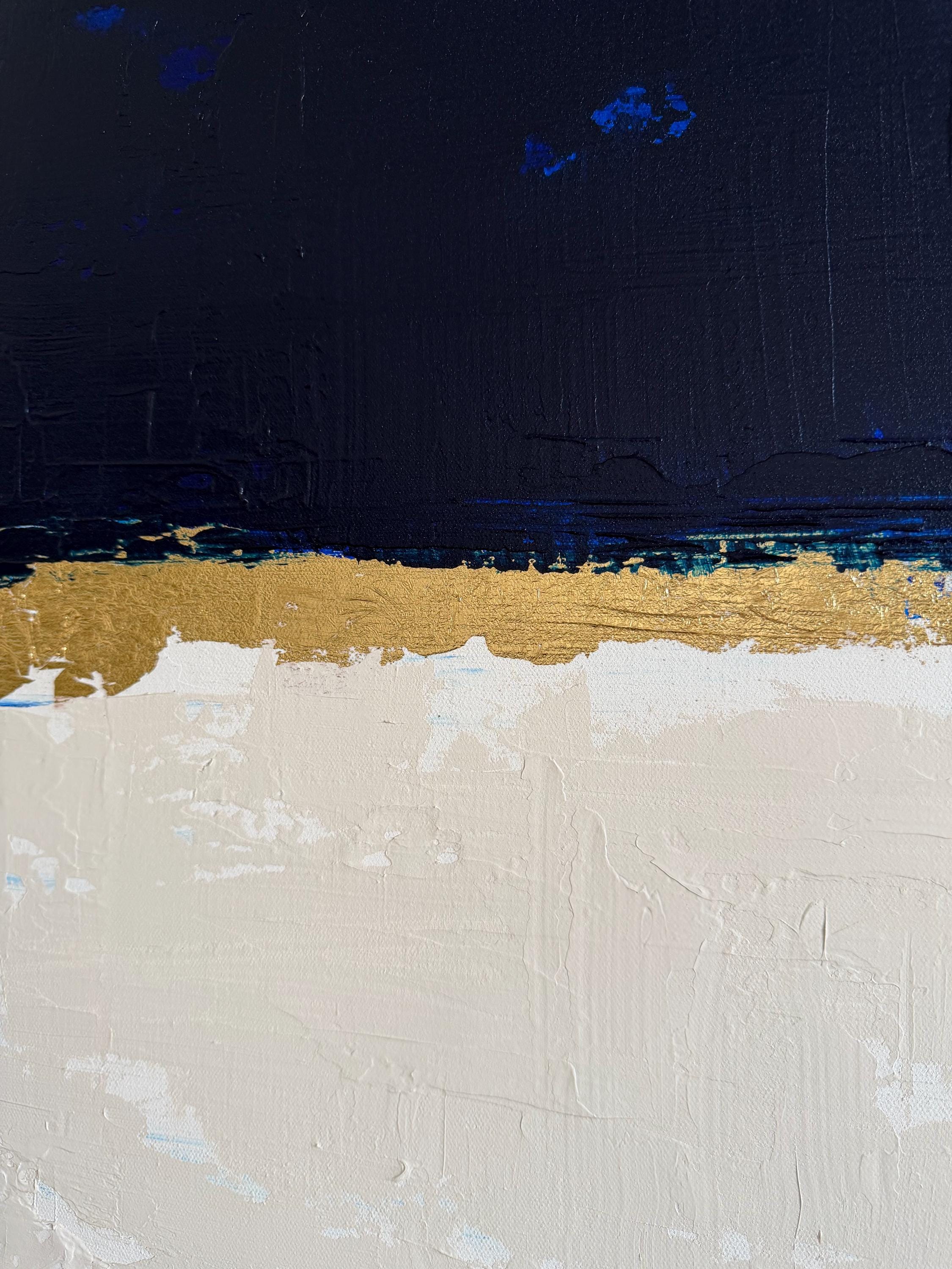 Original Acrylic Painting, Navy Blue Cream Abstract Canvas Art, Gold Leaf Wall Art, Minimalist Modern Painting