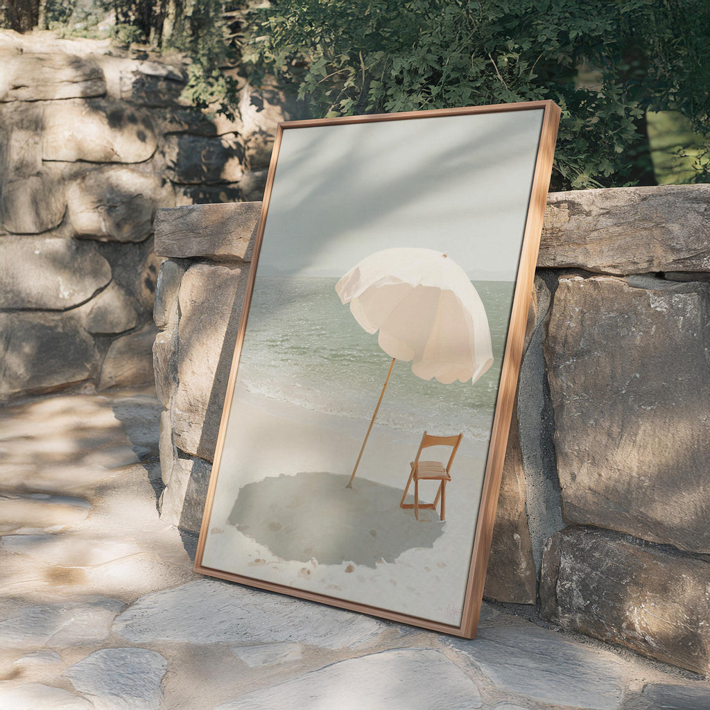 Beach Umbrella Art Print, Calm Ocean Poster, Neutral Seaside Wall Decor