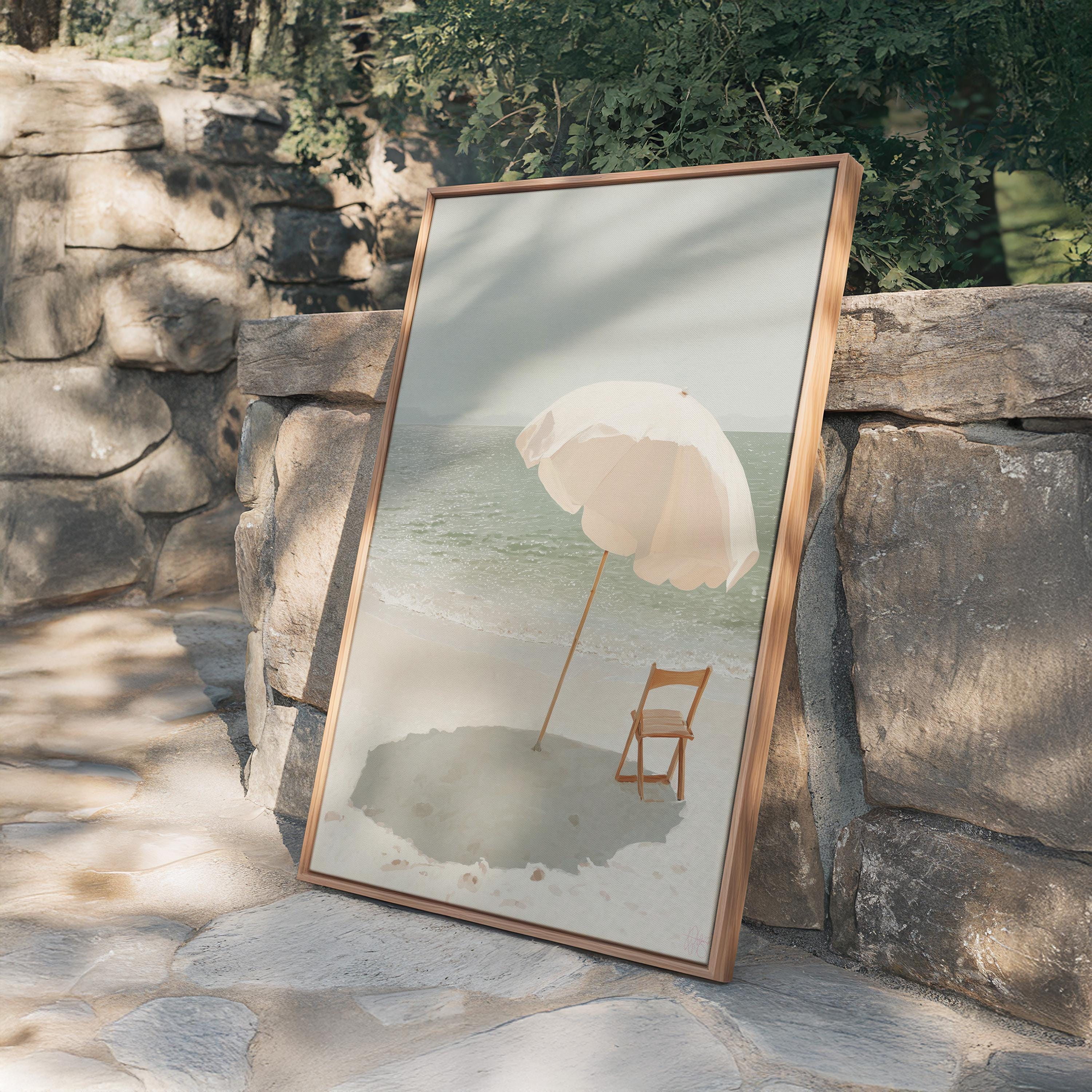 Beach Umbrella Art Print, Calm Ocean Poster, Neutral Seaside Wall Decor