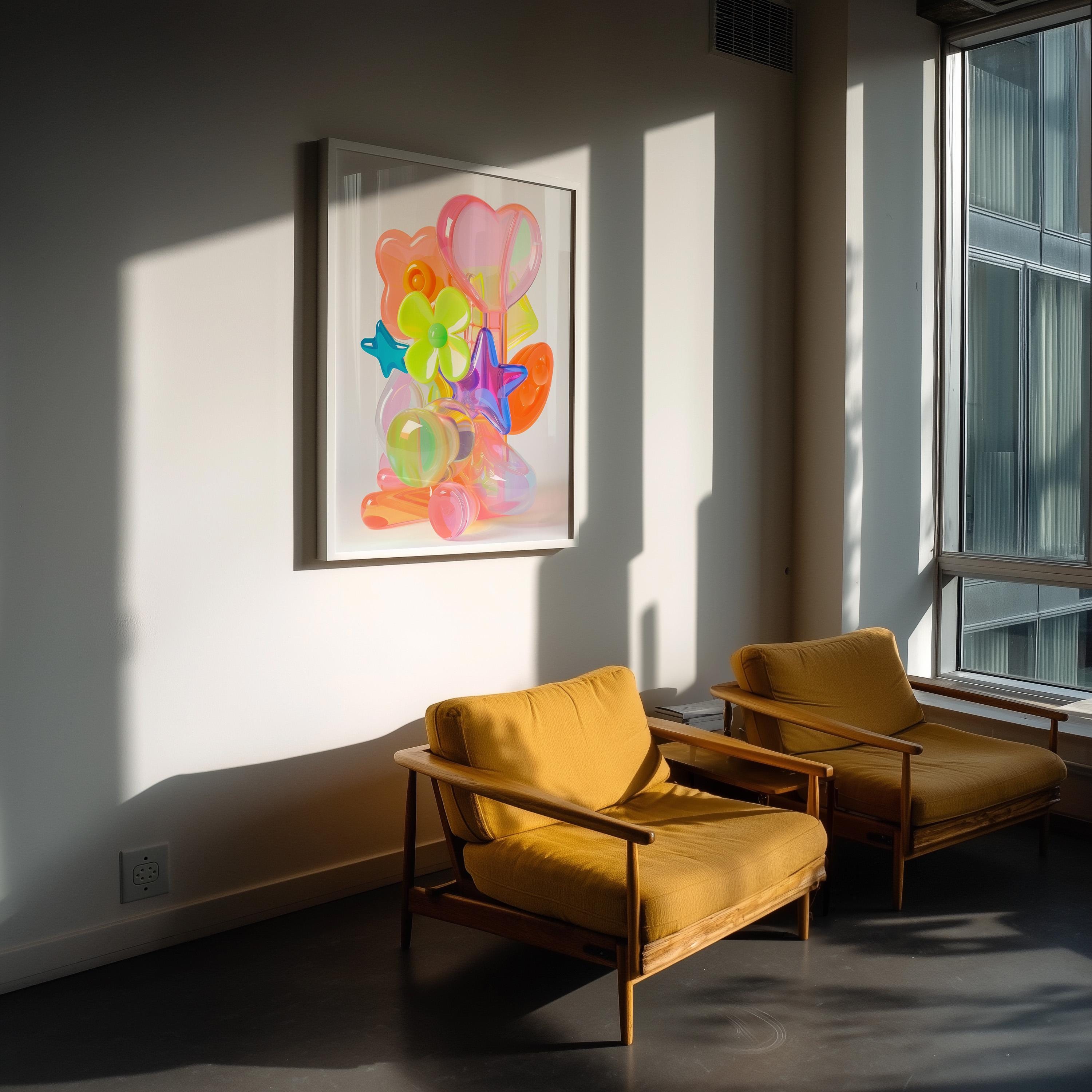 May include: A framed artwork featuring a colorful arrangement of abstract shapes, including stars, flowers, and heart-shaped balloons. The artwork is displayed on a white wall, above two mustard-yellow armchairs with wooden frames.