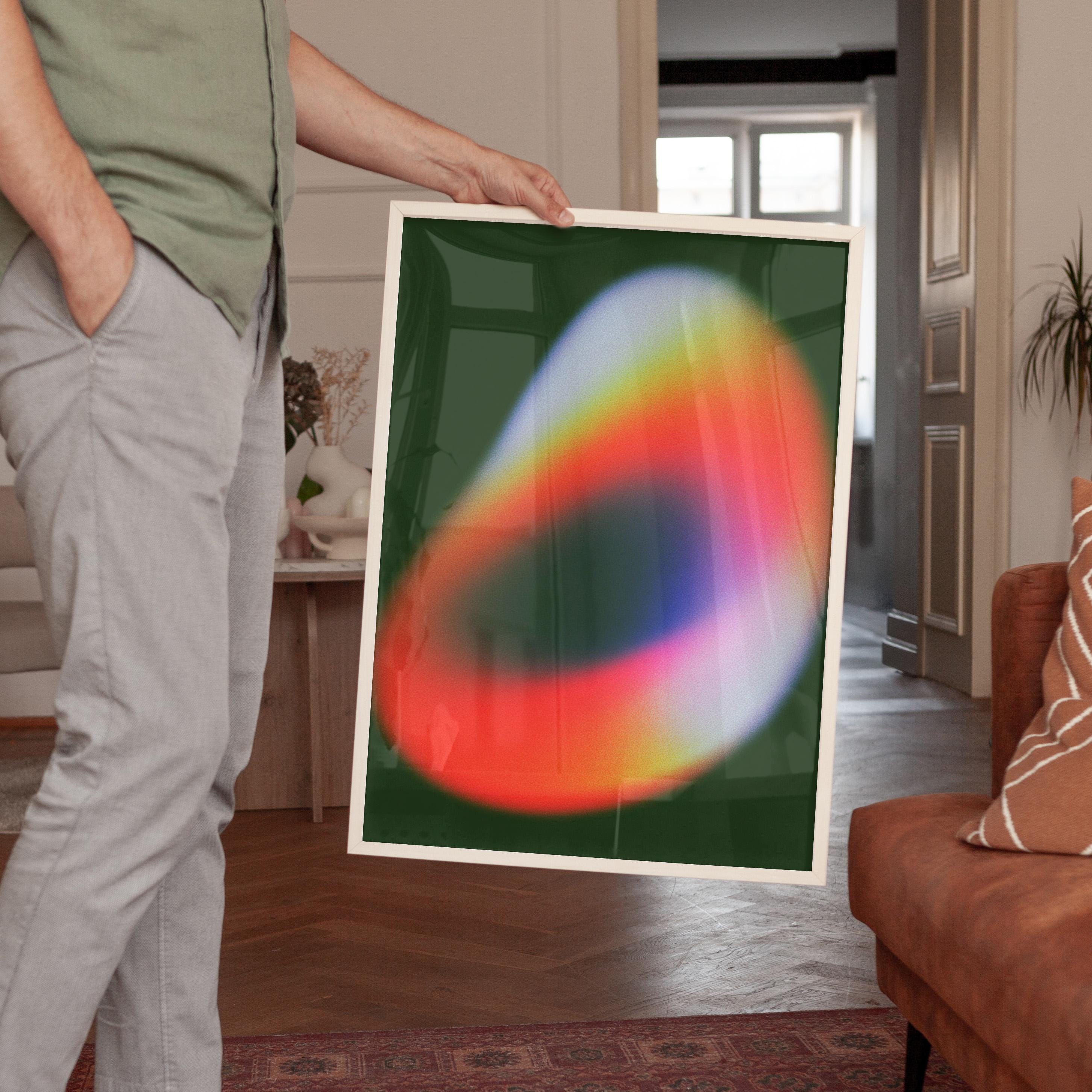 Colorful Abstract Gradient Art Print, Modern Neon Shape Poster, Dark Green Decor