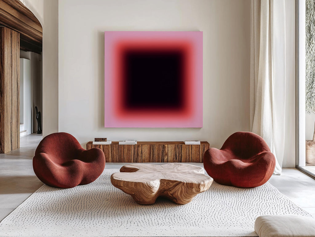 May include: A modern living room featuring a large abstract painting with a gradient of pink to black. Two rounded, rust-colored armchairs face a unique wooden coffee table. A wooden cabinet and a patterned rug complete the stylish interior.