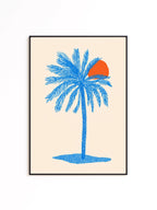 Blue Palm Tree Wall Art Print, Coastal Wall Decor, Tropical Minimalist Art, Beach House Printable, Mediterranean Wall Art