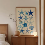 Starfish Wall Art Print, Blue Seashell Poster, Coastal Bathroom Decor