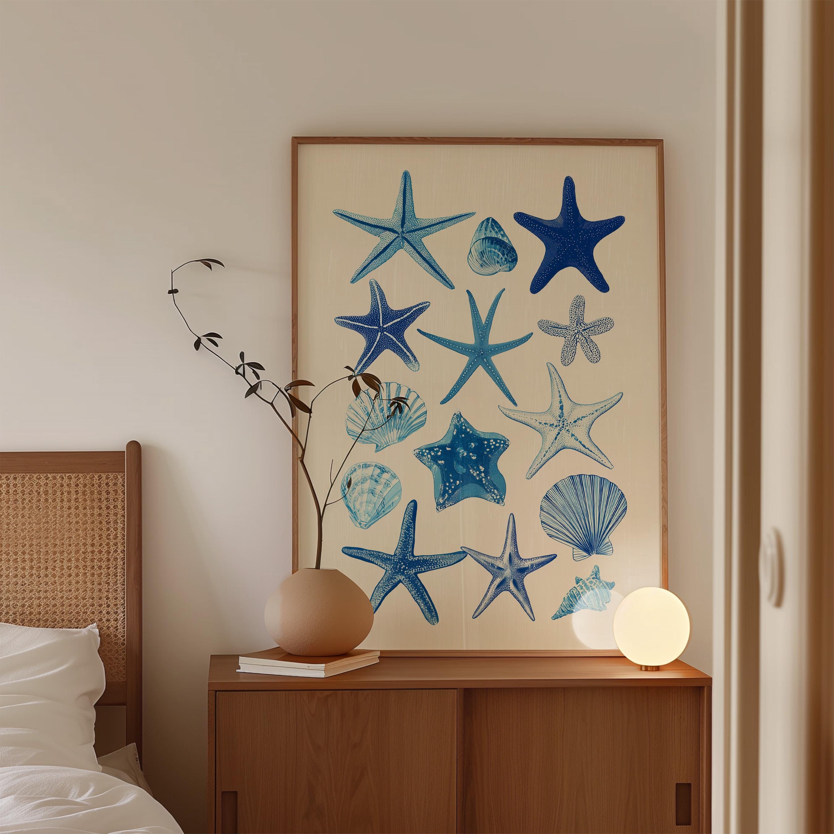 Starfish Wall Art Print, Blue Seashell Poster, Coastal Bathroom Decor