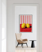 Lemon Wall Art Print, Kitchen Decor Lemon Art, Red Pink Still Life, Fruit Illustration, Modern Kitchen Wall Decor