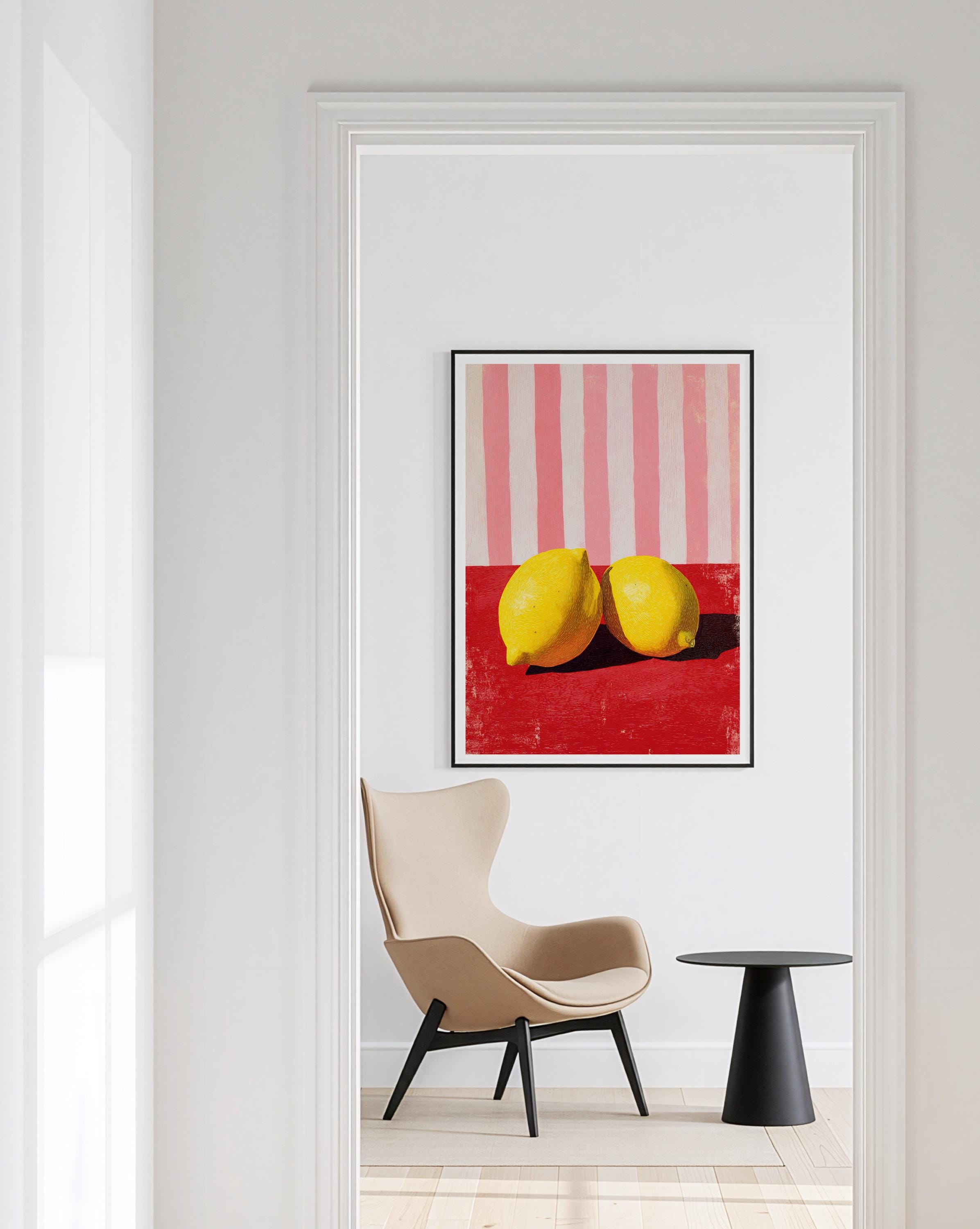 Lemon Wall Art Print, Kitchen Decor Lemon Art, Red Pink Still Life, Fruit Illustration, Modern Kitchen Wall Decor