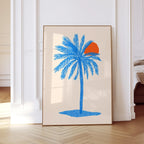Blue Palm Tree Wall Art Print, Coastal Wall Decor, Tropical Minimalist Art, Beach House Printable, Mediterranean Wall Art