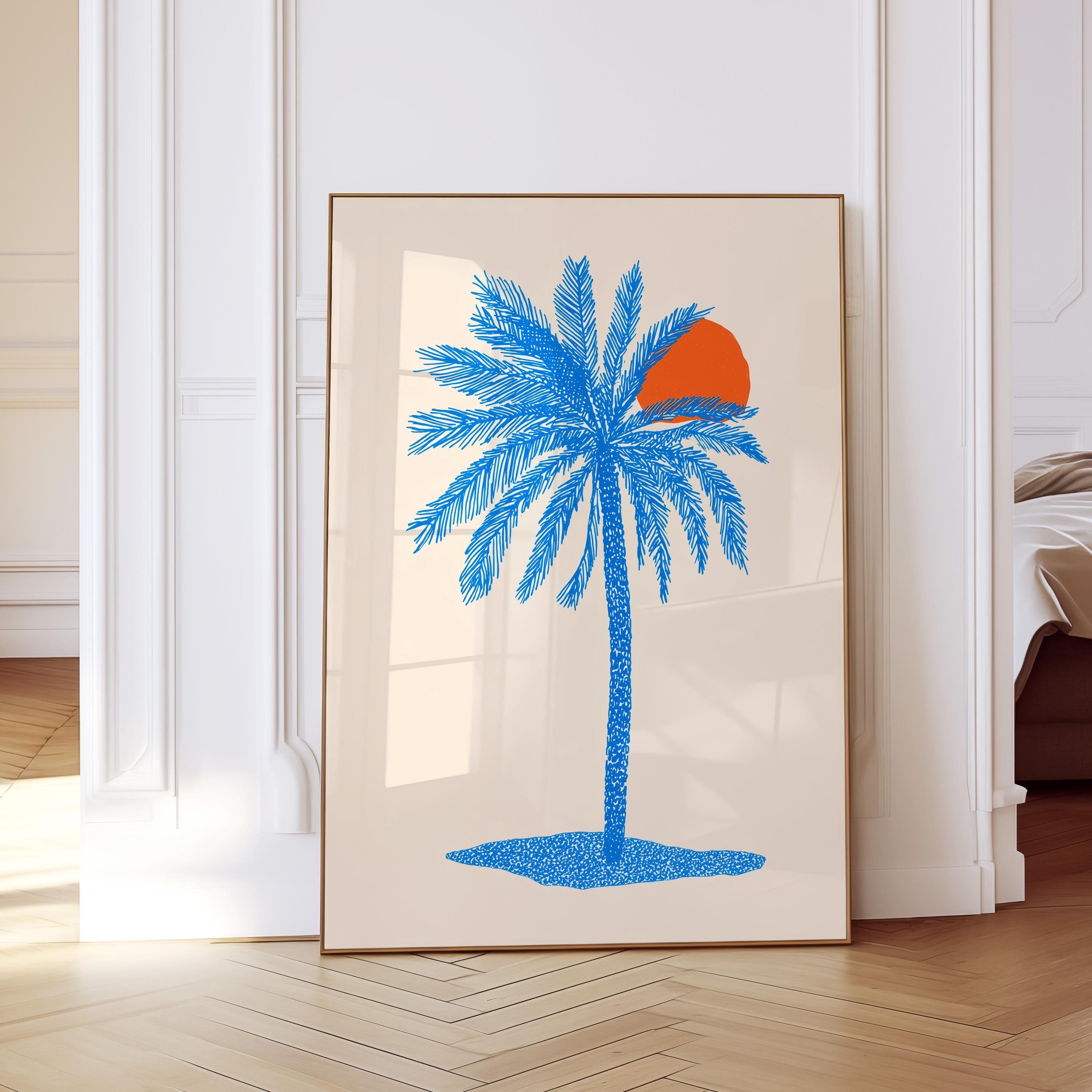 Blue Palm Tree Wall Art Print, Coastal Wall Decor, Tropical Minimalist Art, Beach House Printable, Mediterranean Wall Art