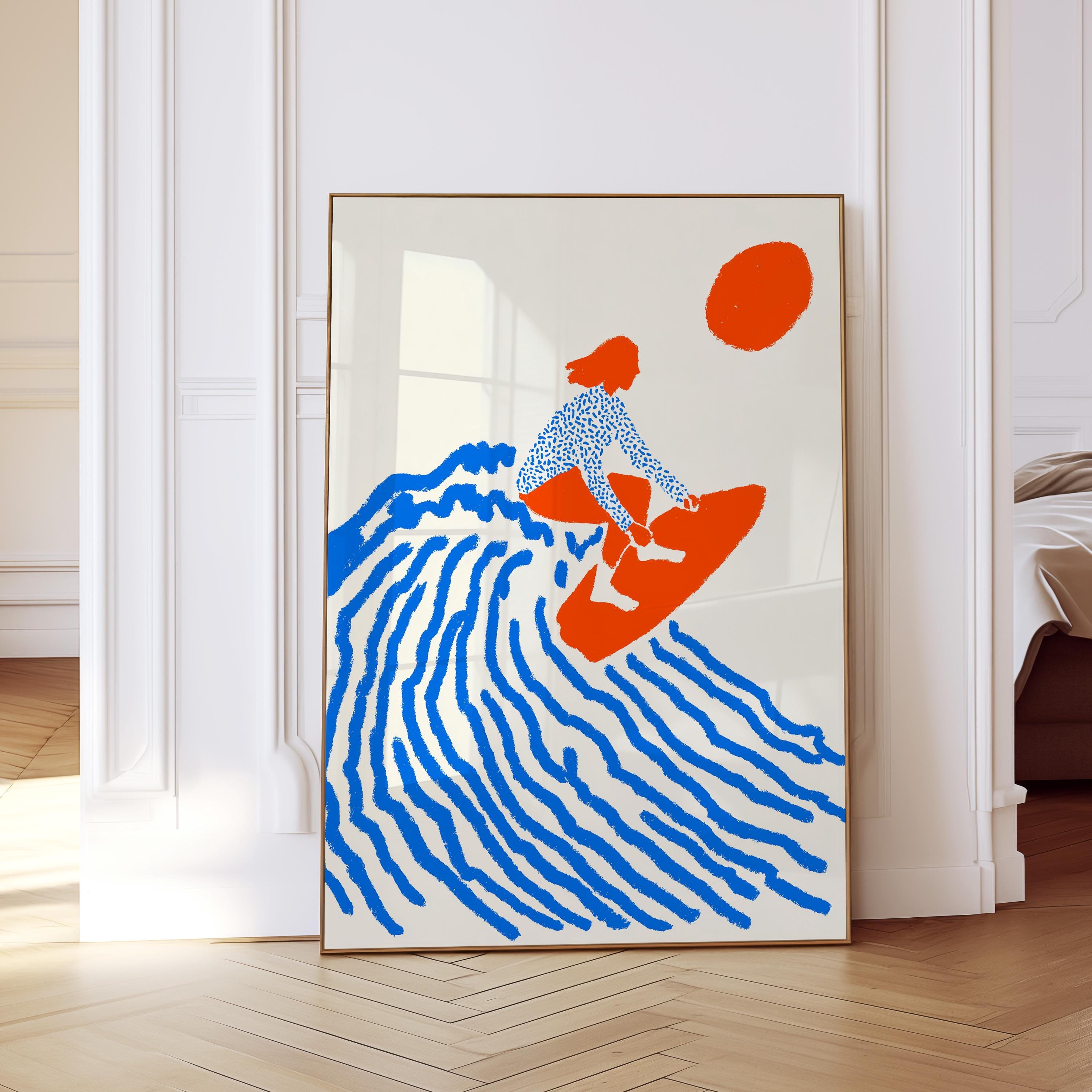 Coastal Wall Art Print, Surfer Art Print, Summer Beach Decor, Colorful Ocean Artwork for Home