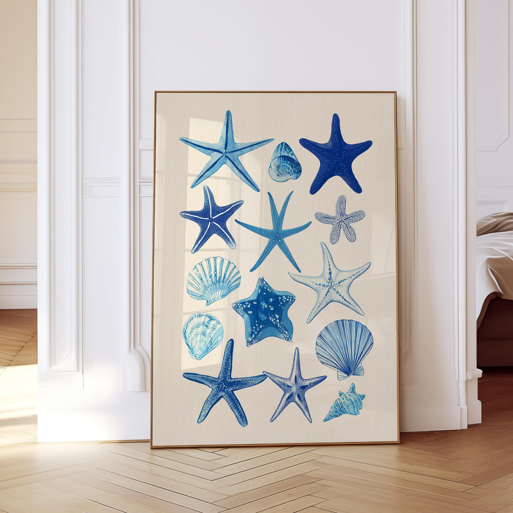 Starfish Wall Art Print, Blue Seashell Poster, Coastal Bathroom Decor