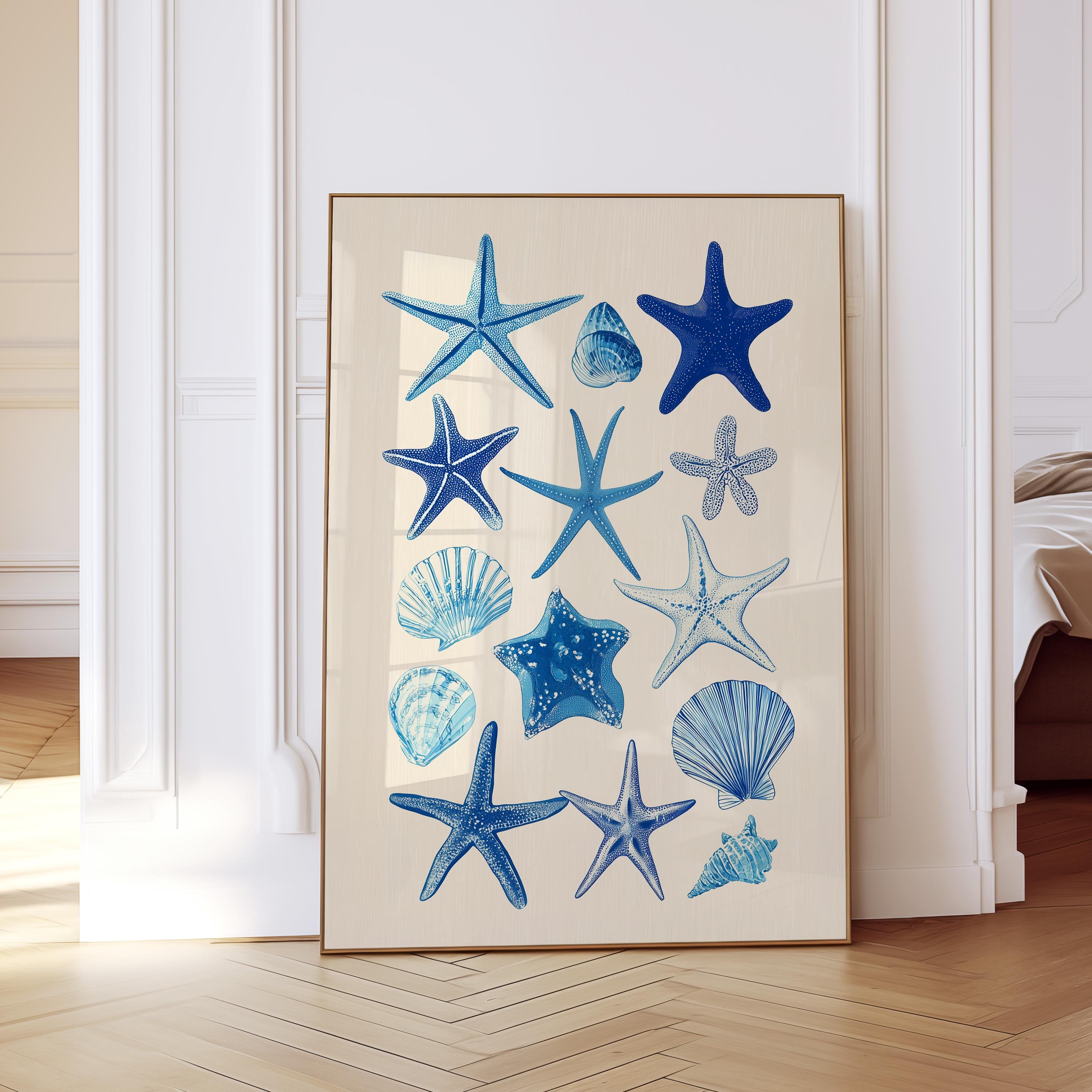 Starfish Wall Art Print, Blue Seashell Poster, Coastal Bathroom Decor