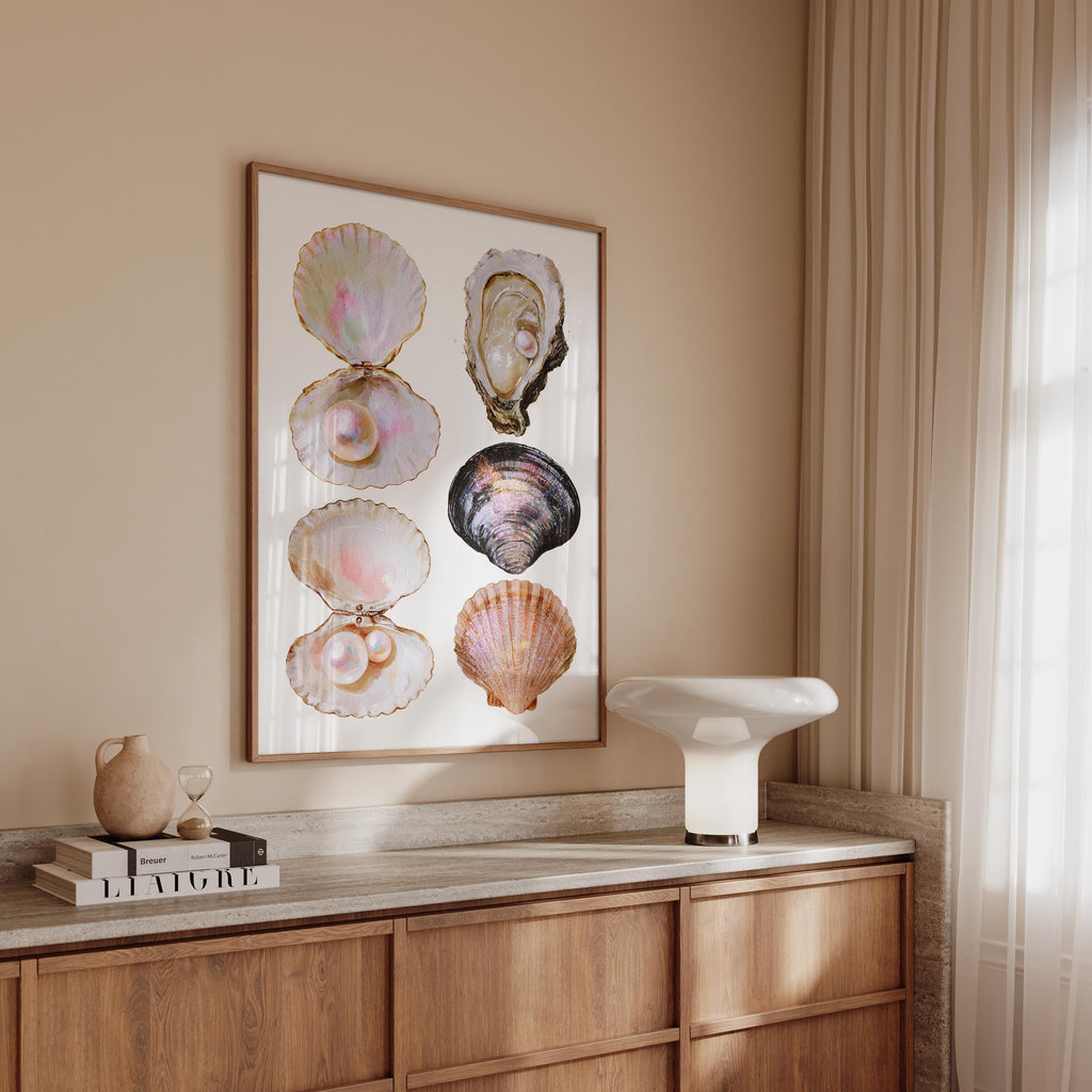 Seashell Wall Art Print, Oyster Pearl Poster, Coastal Beach Decor