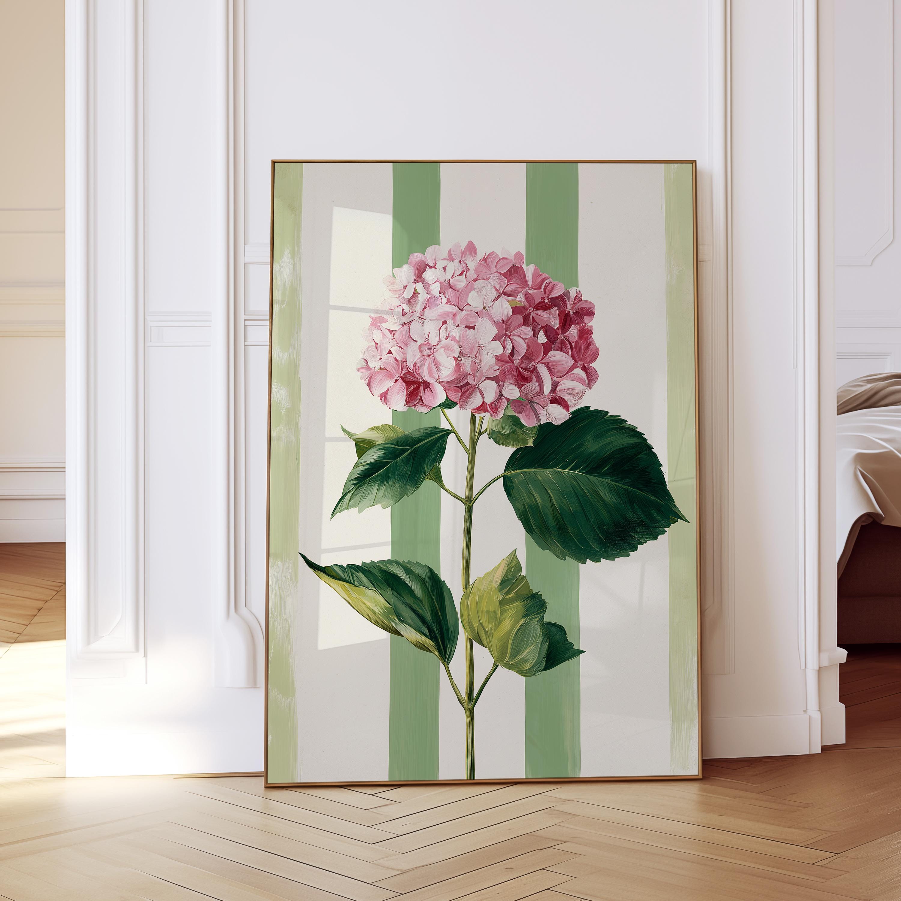 Pink Hydrangea Print, Green Striped Floral Wall Art, Cottage Bedroom Decor, Botanical Flower Art Print